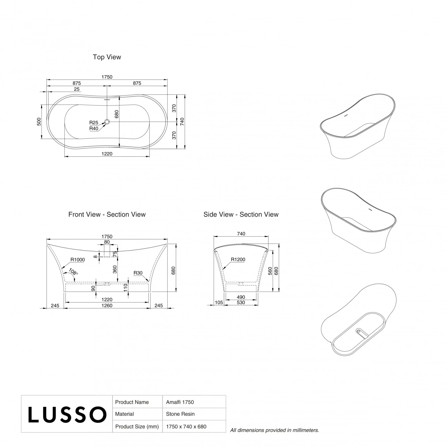 Amalfi Freestanding Stone Bath 1750mm 5 Amalfi Freestanding Stone Bath 1750mm - Image 5