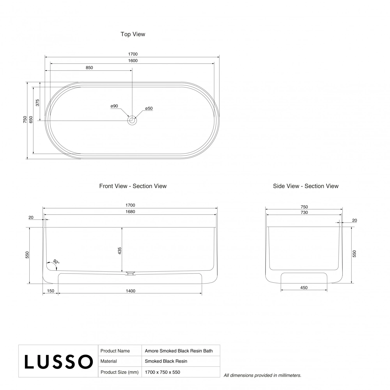 Amore Freestanding Smoked Black Resin Bath 1700mm 5 Amore Freestanding Smoked Black Resin Bath 1700mm - Image 5