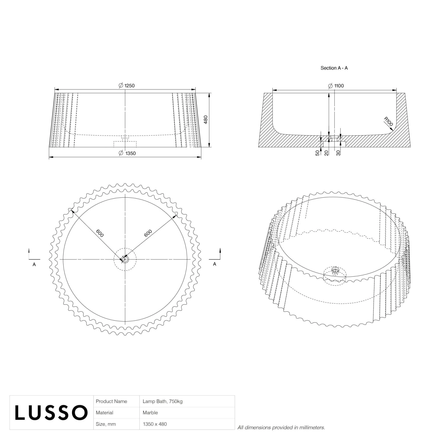 Arabescato Lamp Freestanding Bath 1350mm 5 Arabescato Lamp Freestanding Bath 1350mm - Image 5