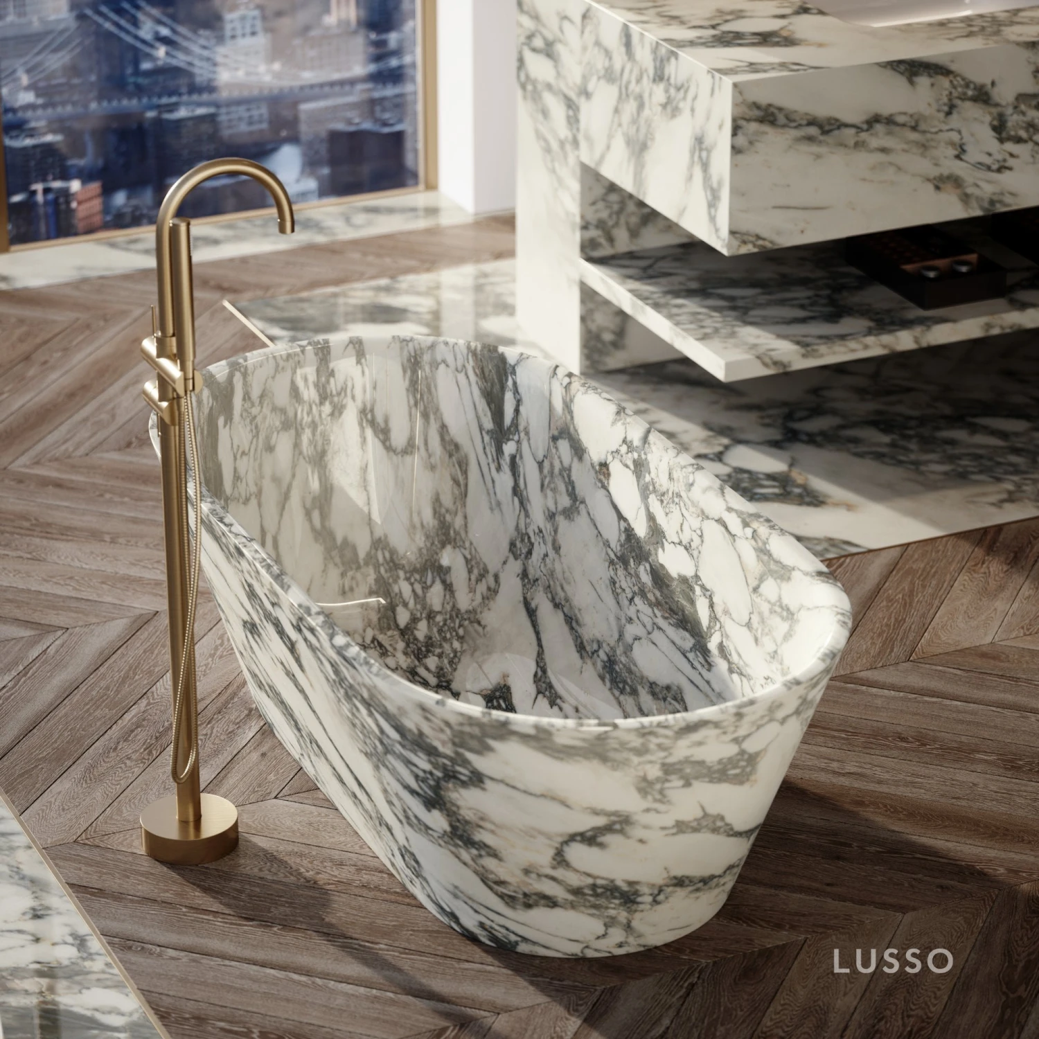 Arabescato Marble Muse Freestanding Stone Bath 1700mm 2 Arabescato Marble Muse Freestanding Stone Bath 1700mm - Image 2