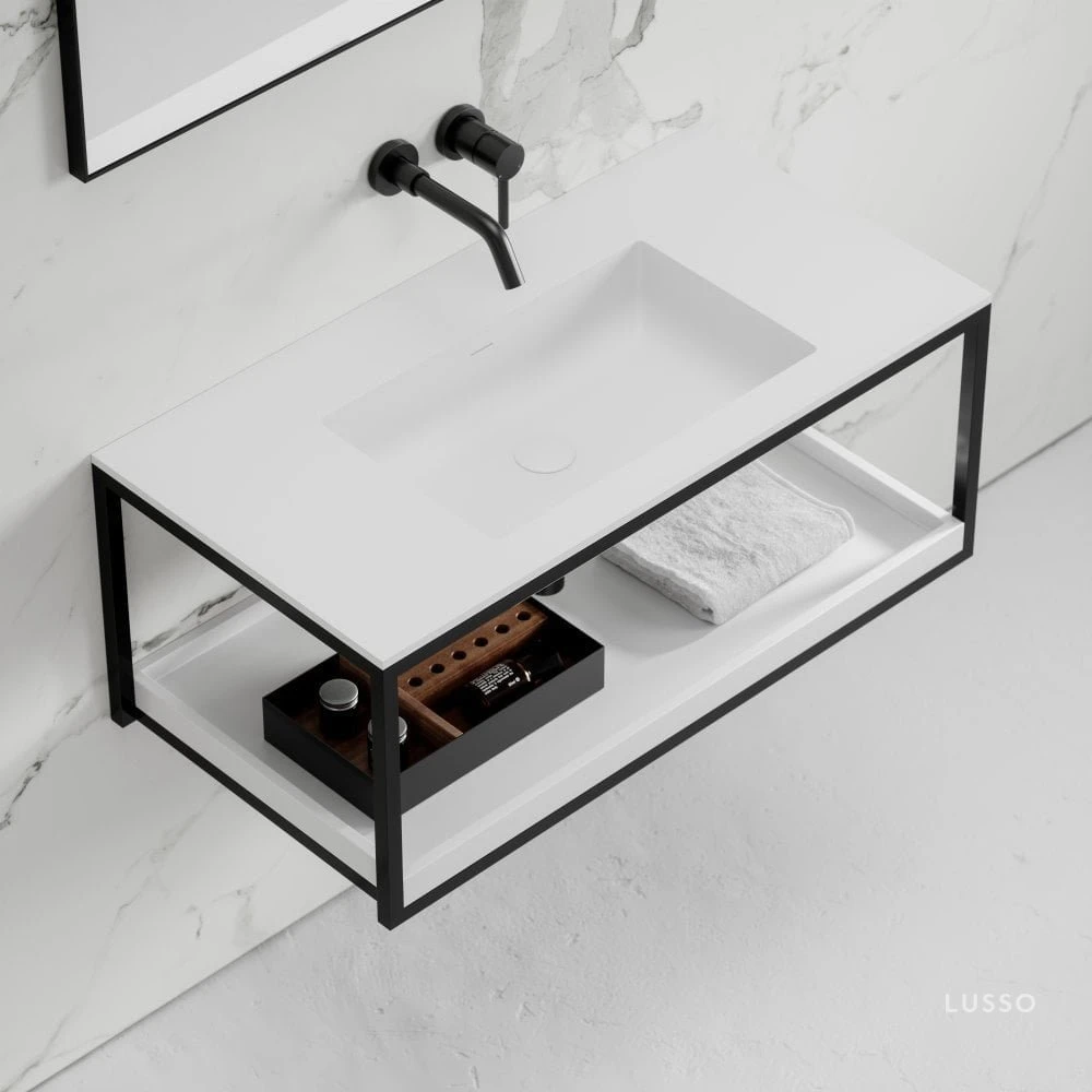 Aria Vanity Unit With Stone Basin (Matte Black Frame 900mm) 2 Aria Vanity Unit With Stone Basin (Matte Black Frame 900mm) - Image 2