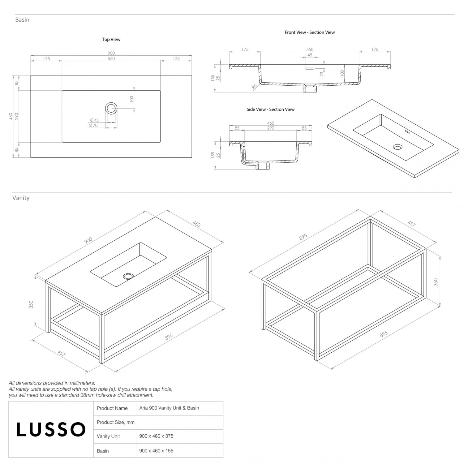 Aria Vanity Unit With Stone Basin (Matte Black Frame 900mm) 4 Aria Vanity Unit With Stone Basin (Matte Black Frame 900mm) - Image 4