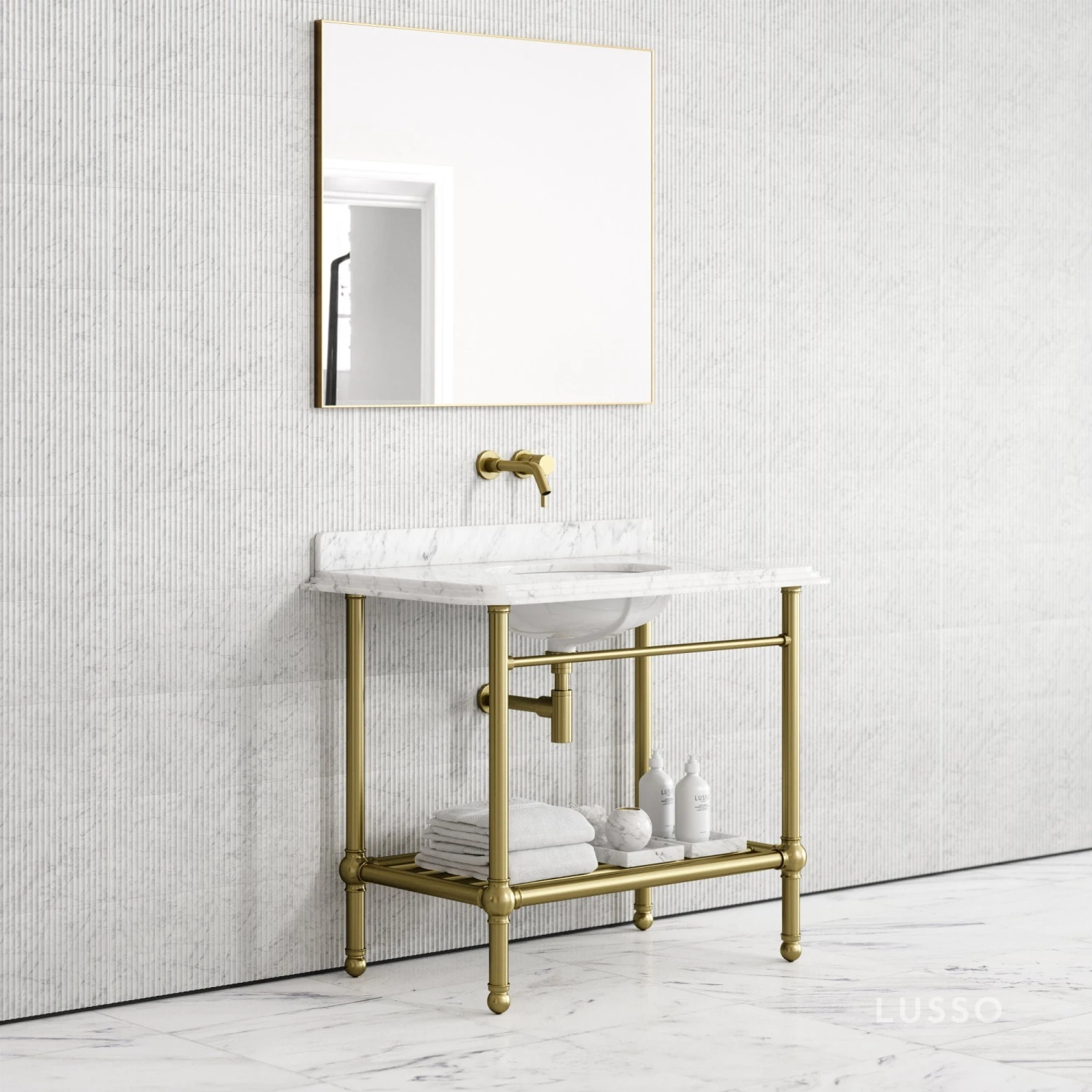 Belmont Traditional Brushed Gold Vanity Unit With Carrara Marble Countertop 1000mm 2 Belmont Traditional Brushed Gold Vanity Unit With Carrara Marble Countertop 1000mm - Image 2