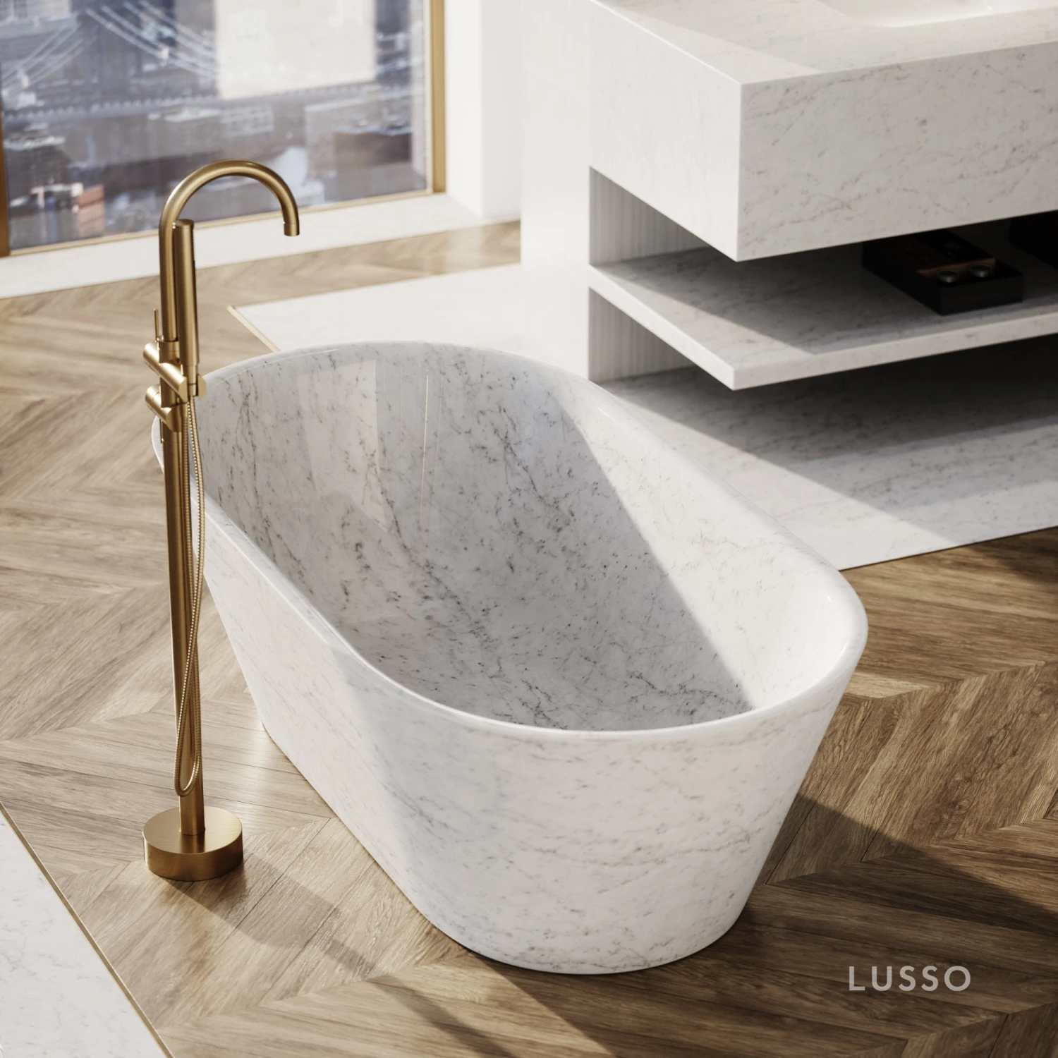 Carrara Marble Muse Freestanding Stone Bath 1700mm 2 Carrara Marble Muse Freestanding Stone Bath 1700mm - Image 2