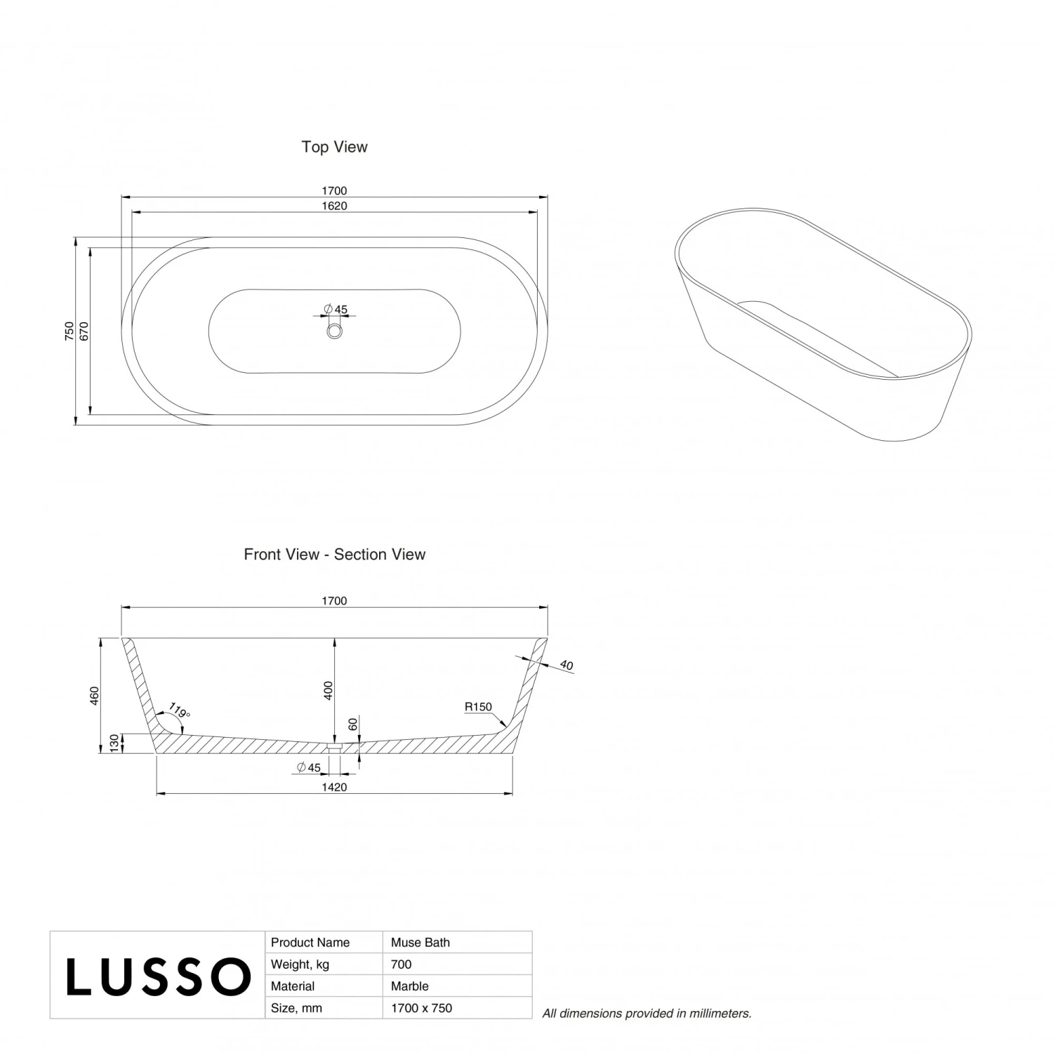 Carrara Marble Muse Freestanding Stone Bath 1700mm 5 Carrara Marble Muse Freestanding Stone Bath 1700mm - Image 5