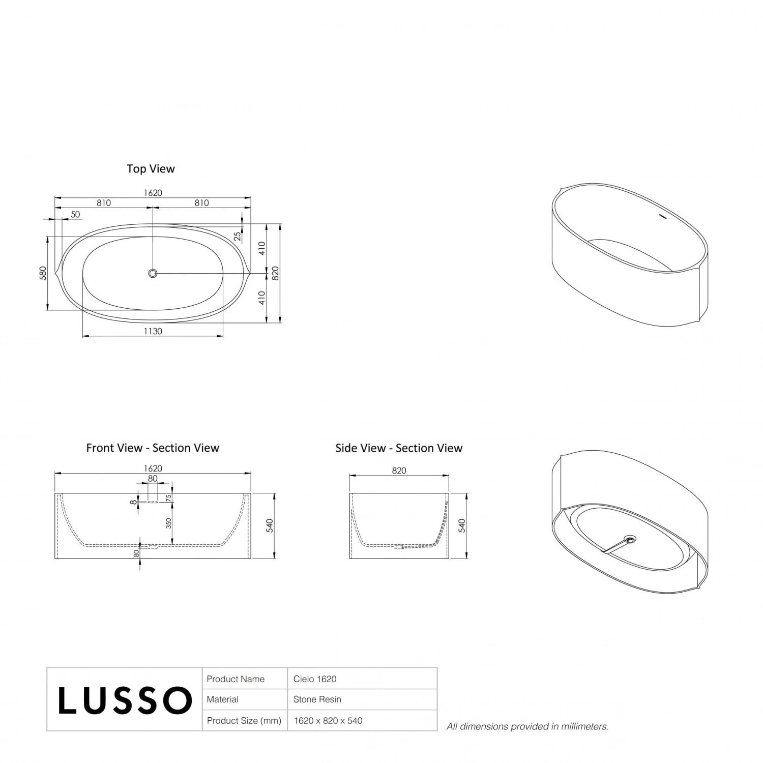 Cielo Freestanding Stone Bath 1620mm 5 Cielo Freestanding Stone Bath 1620mm - Image 5