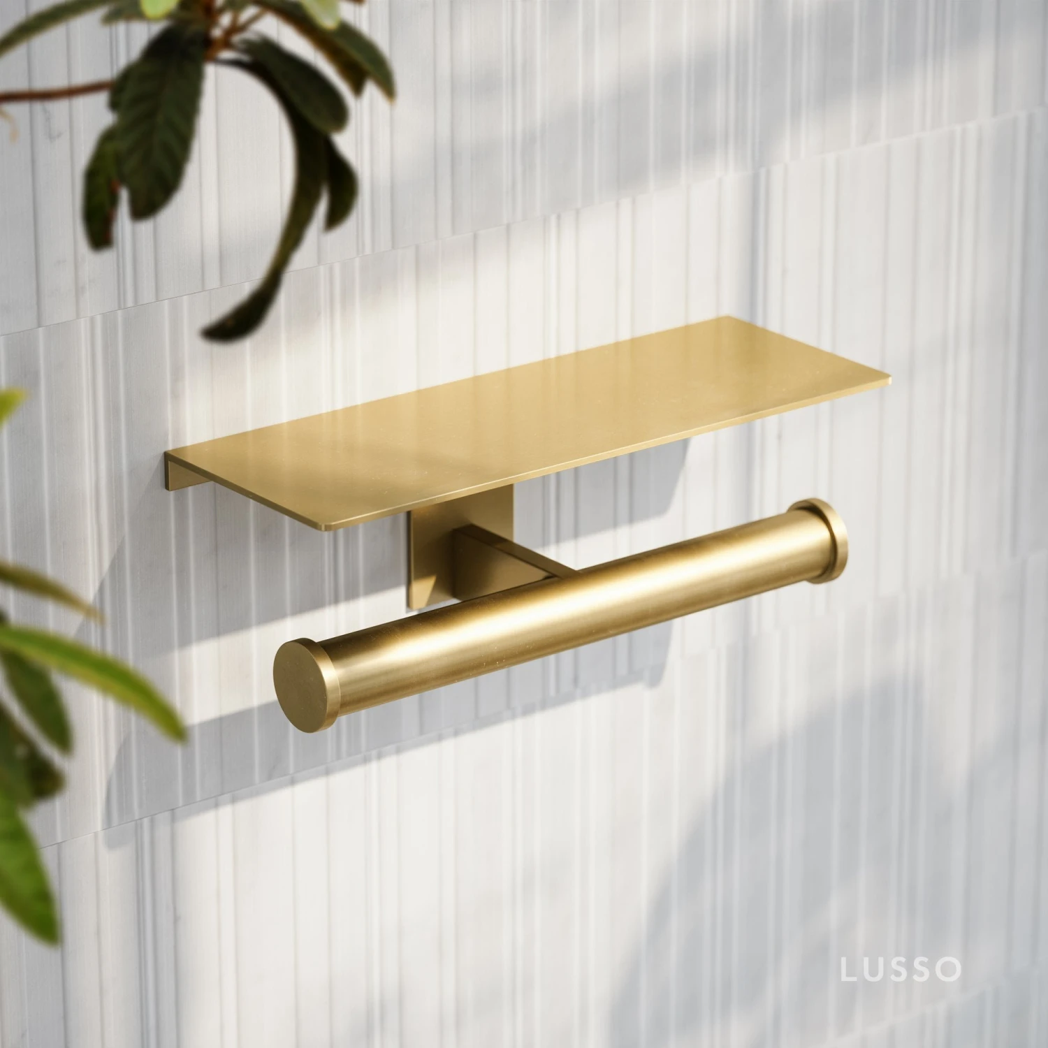 Deka Brushed Gold Double Toilet Roll Holder With Shelf 2 Deka Brushed Gold Double Toilet Roll Holder With Shelf - Image 2