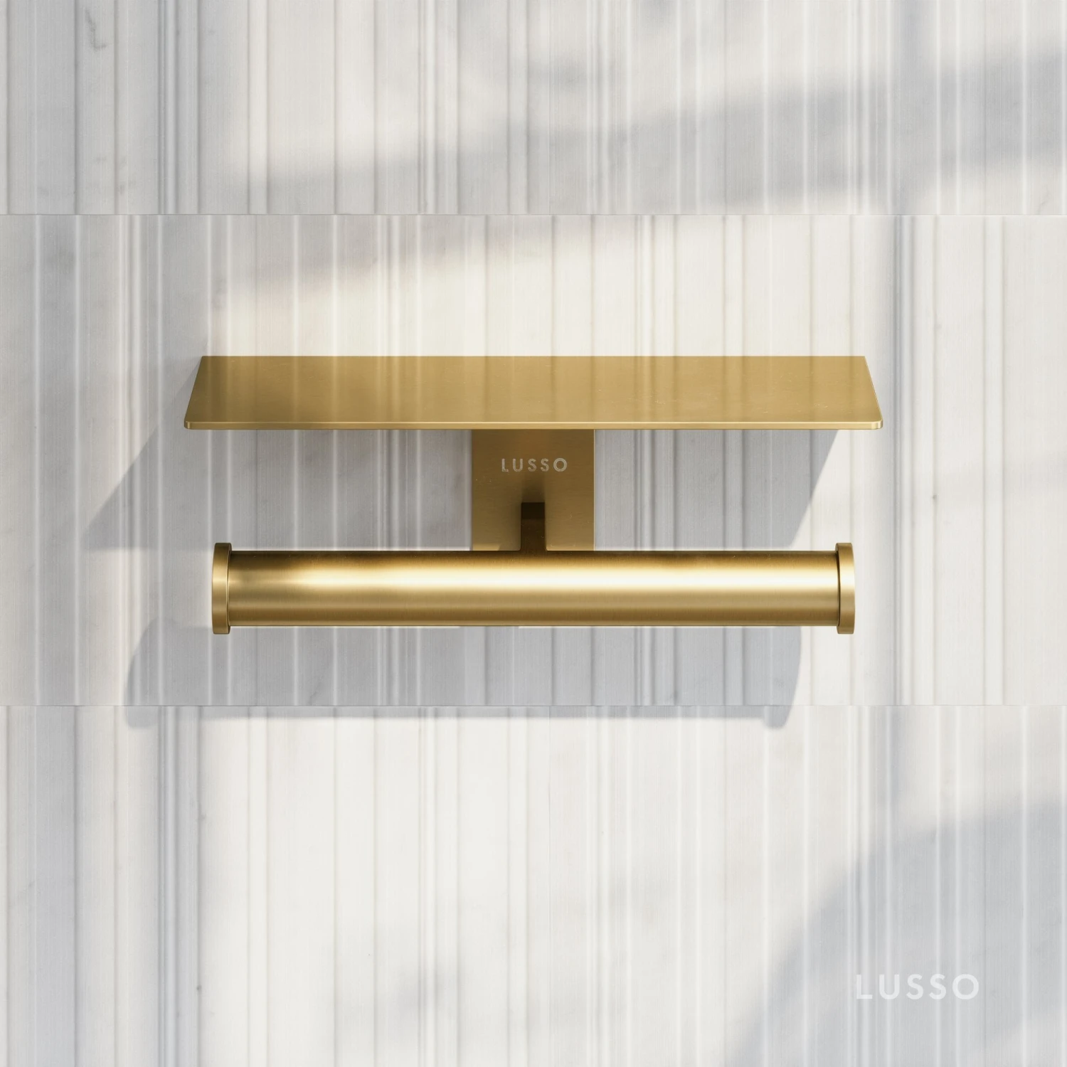 Deka Brushed Gold Double Toilet Roll Holder With Shelf 3 Deka Brushed Gold Double Toilet Roll Holder With Shelf - Image 3
