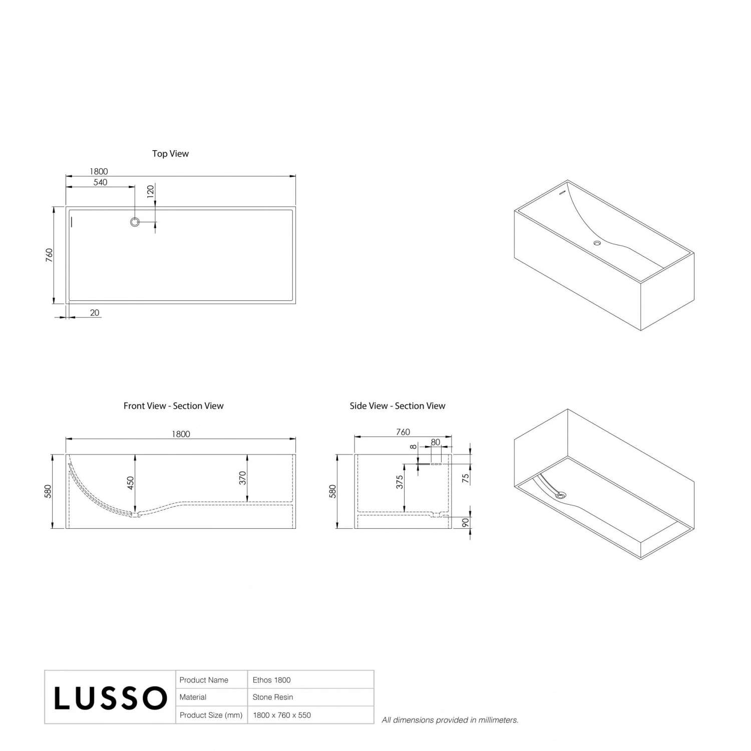 Ethos Freestanding Stone Bath 1800mm 5 Ethos Freestanding Stone Bath 1800mm - Image 5