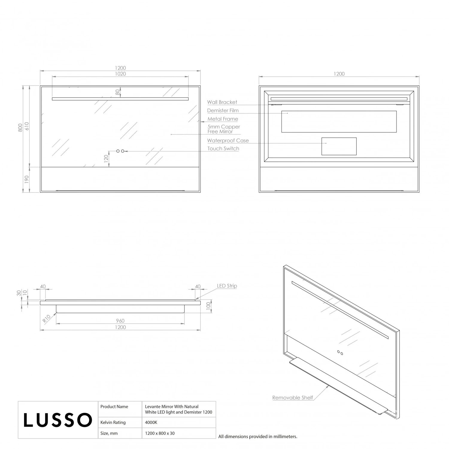 Levante Brushed Gold Mirror With Natural White LED Light And Demister 1200mm 5 Levante Brushed Gold Mirror With Natural White LED Light And Demister 1200mm - Image 5