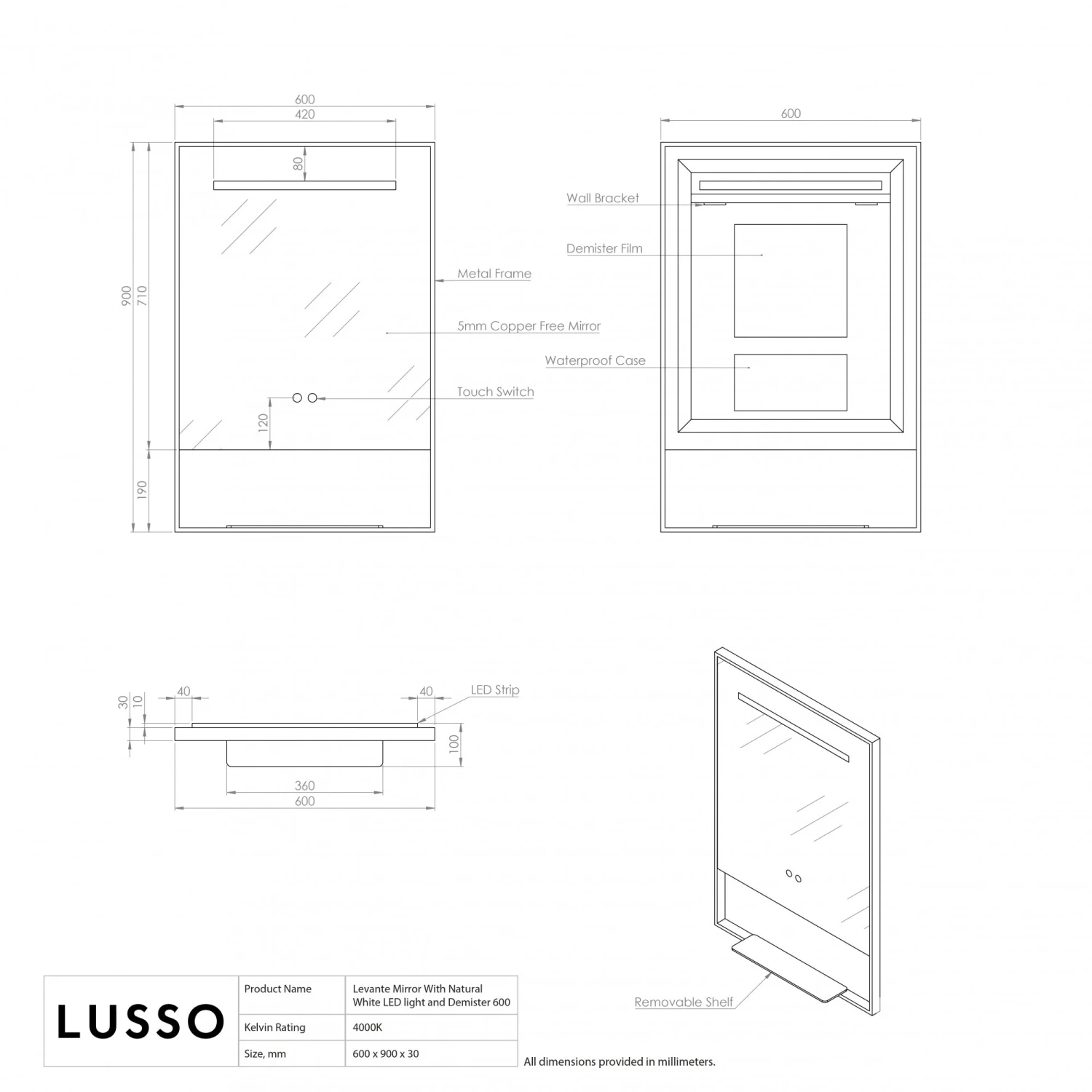 Levante Brushed Gold Mirror With Natural White LED Light And Demister 600mm 5 Levante Brushed Gold Mirror With Natural White LED Light And Demister 600mm - Image 5