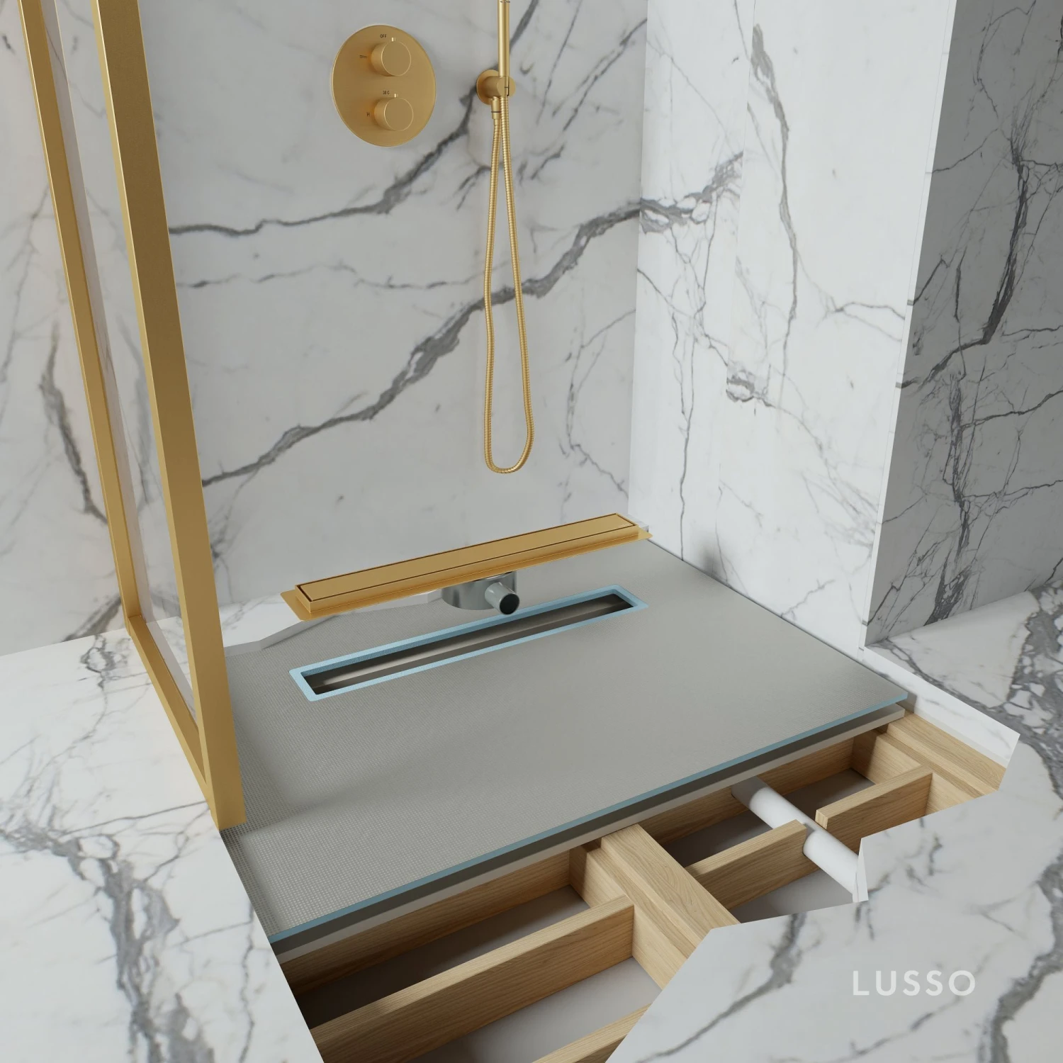 Linear Wet Room Walk In Shower Tray Kit + Tanking Kit + Brushed Gold Waste Kit 1 Linear Wet Room Walk In Shower Tray Kit + Tanking Kit + Brushed Gold Waste Kit