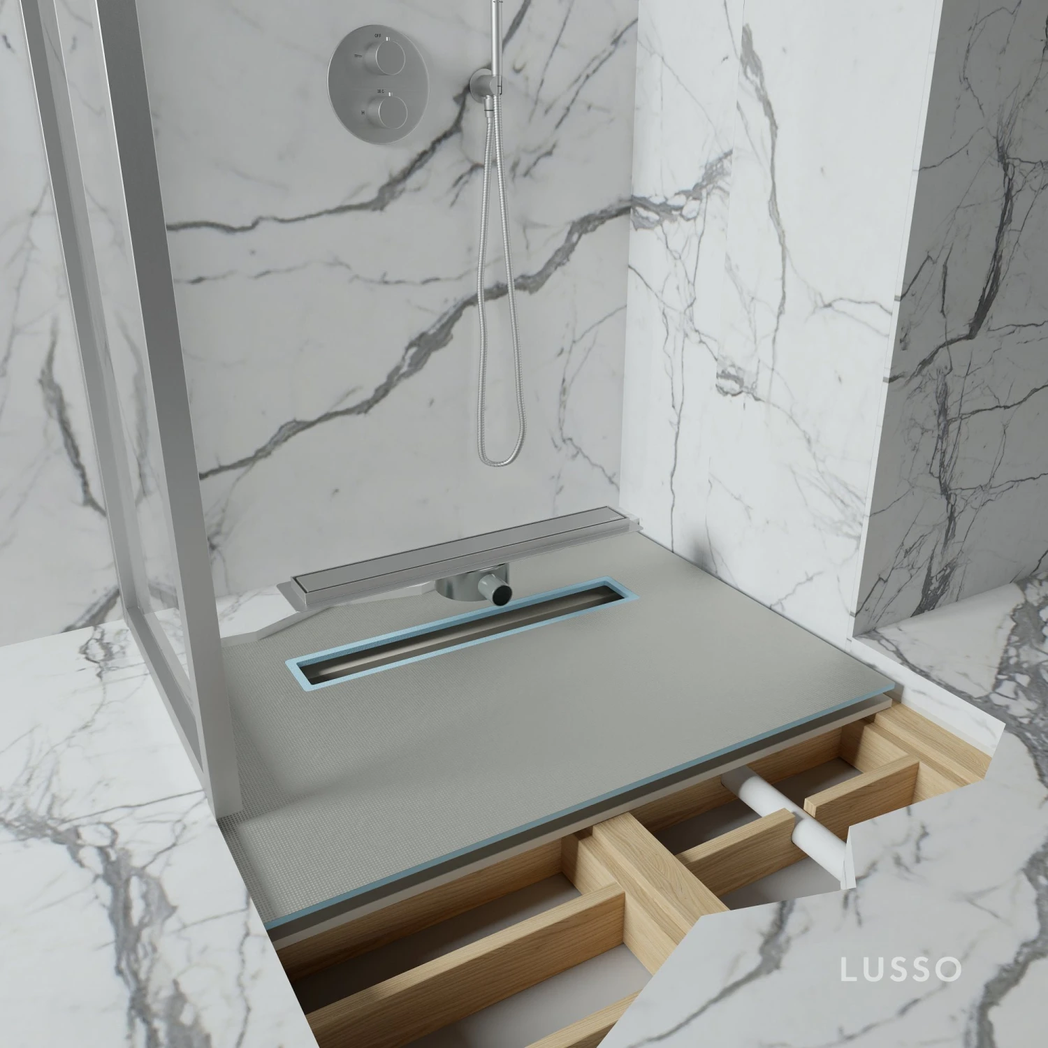 Linear Wet Room Walk In Shower Tray Kit + Tanking Kit + Brushed Stainless Waste Kit 1 Linear Wet Room Walk In Shower Tray Kit + Tanking Kit + Brushed Stainless Waste Kit