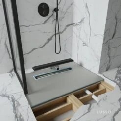 Home Bathroom Shop 43 Linear Wet Room Walk In Shower Tray Kit + Tanking Kit + Matte Black Waste Kit