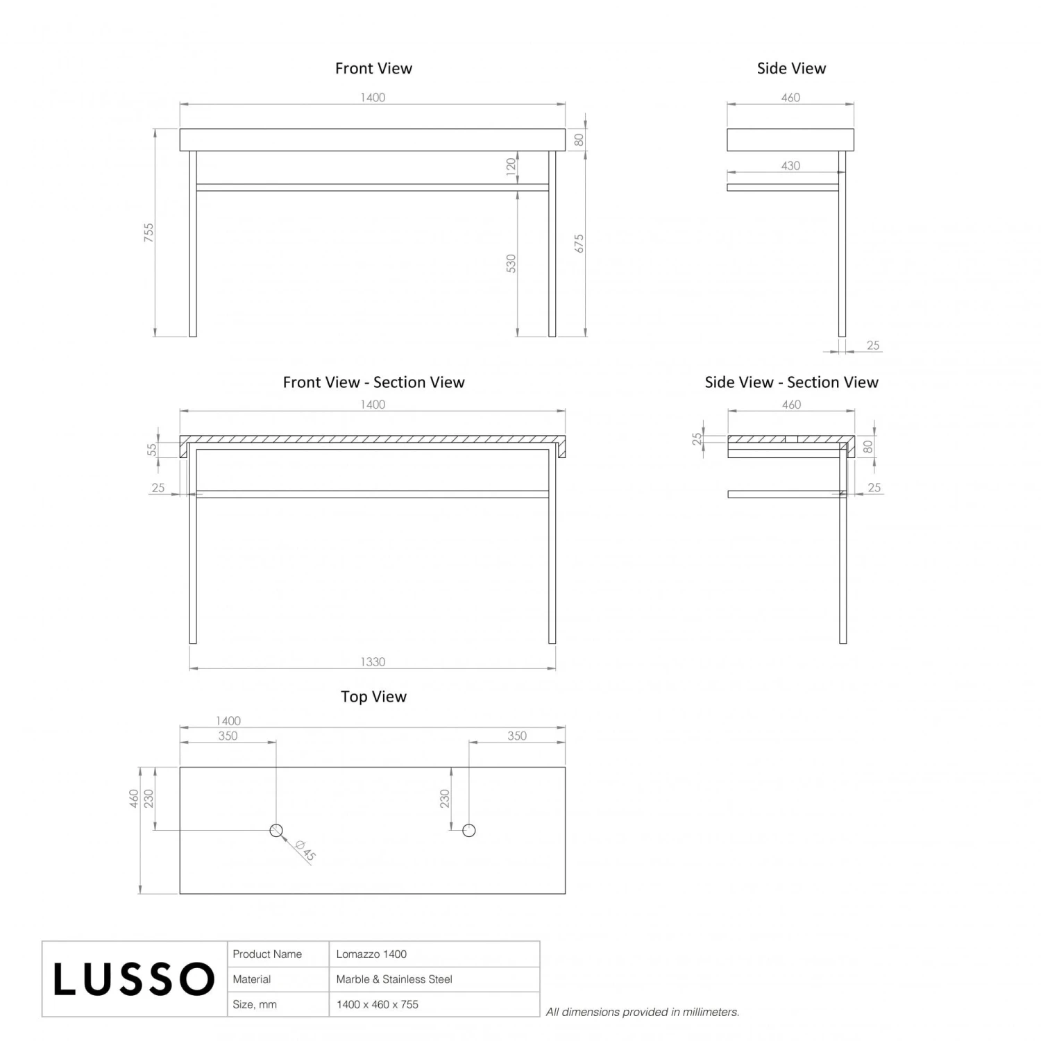 Lomazzo Gold Countertop Vanity Unit Panda Marble 1400mm 4 Lomazzo Gold Countertop Vanity Unit Panda Marble 1400mm - Image 4