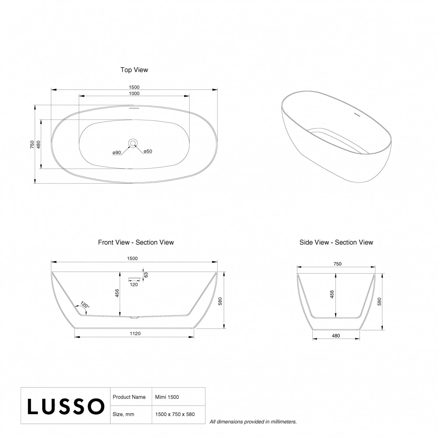 Lusso Light Mimi Freestanding Bath 1500mm 5 Lusso Light Mimi Freestanding Bath 1500mm - Image 5