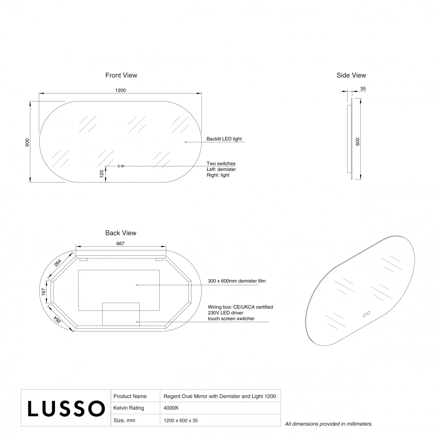 Lusso Regent Oval Mirror With Demister And Light 1200mm 5 Lusso Regent Oval Mirror With Demister And Light 1200mm - Image 5