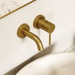 Luxe Brushed Gold Short Projection Wall Mounted Basin Mixer Tap -Home Bathroom Shop luxe brushed gold short projection wall mounted basin mixer tap p2287 46077 zoom