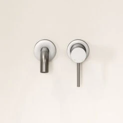 Luxe Brushed Stainless Short Projection Wall Mounted Basin Mixer Tap -Home Bathroom Shop luxe brushed stainless short projection wall mounted basin mixer tap p1541 46074 zoom