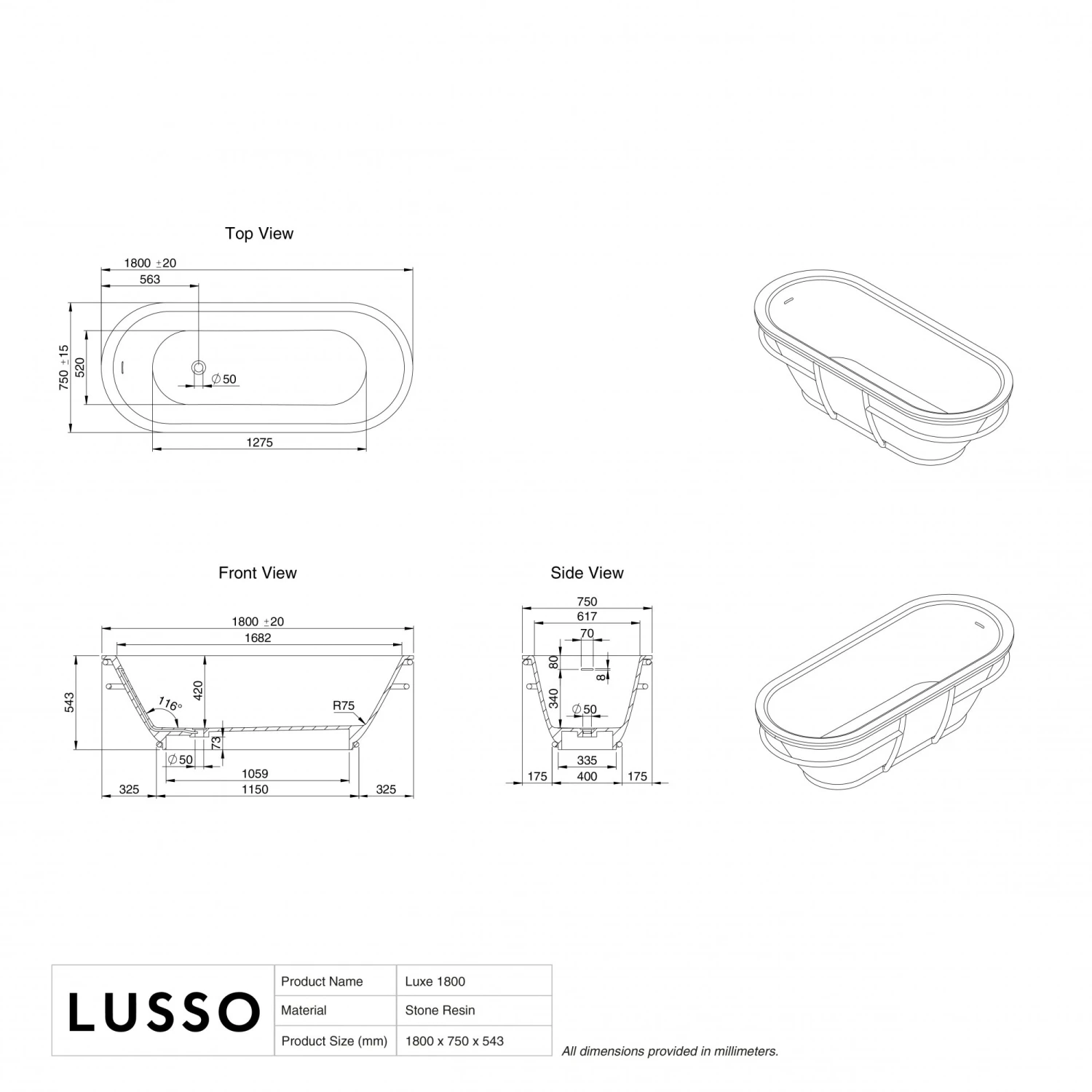 Luxe Freestanding Stone Bath 1800mm 4 Luxe Freestanding Stone Bath 1800mm - Image 4