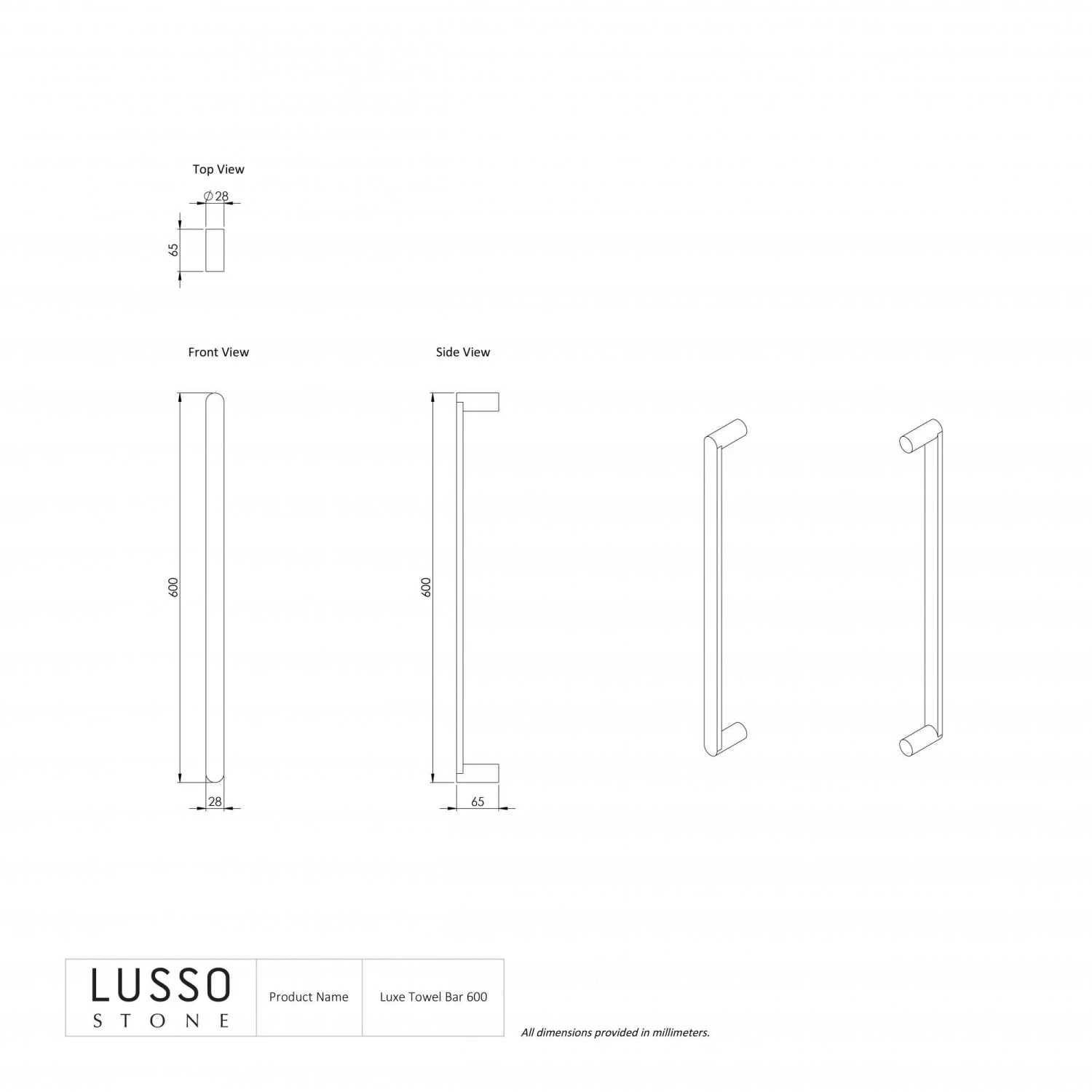 Luxe Matte Black Towel Bar Rail 600mm 3 Luxe Matte Black Towel Bar Rail 600mm - Image 3