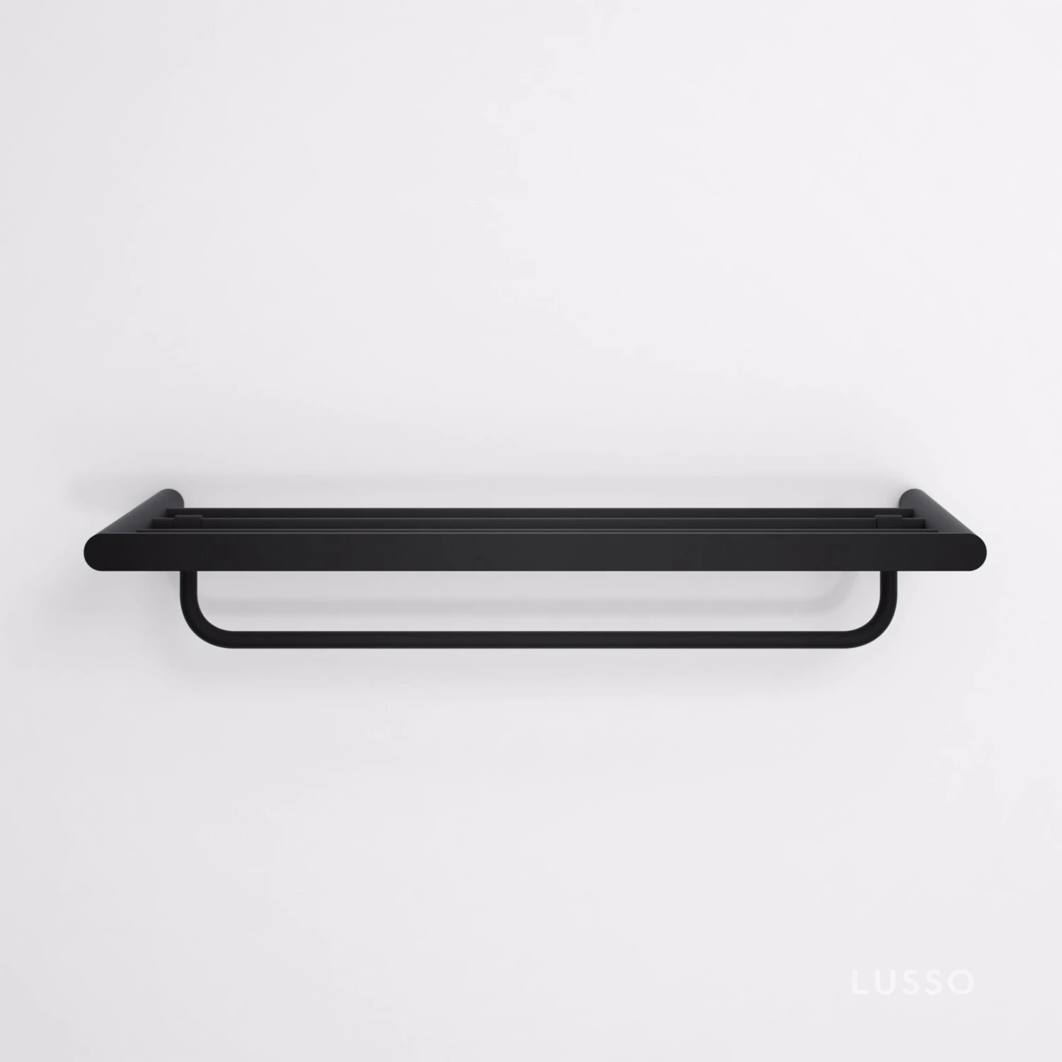 Luxe Matte Black Towel Shelf With Rail 600mm 1 Luxe Matte Black Towel Shelf With Rail 600mm