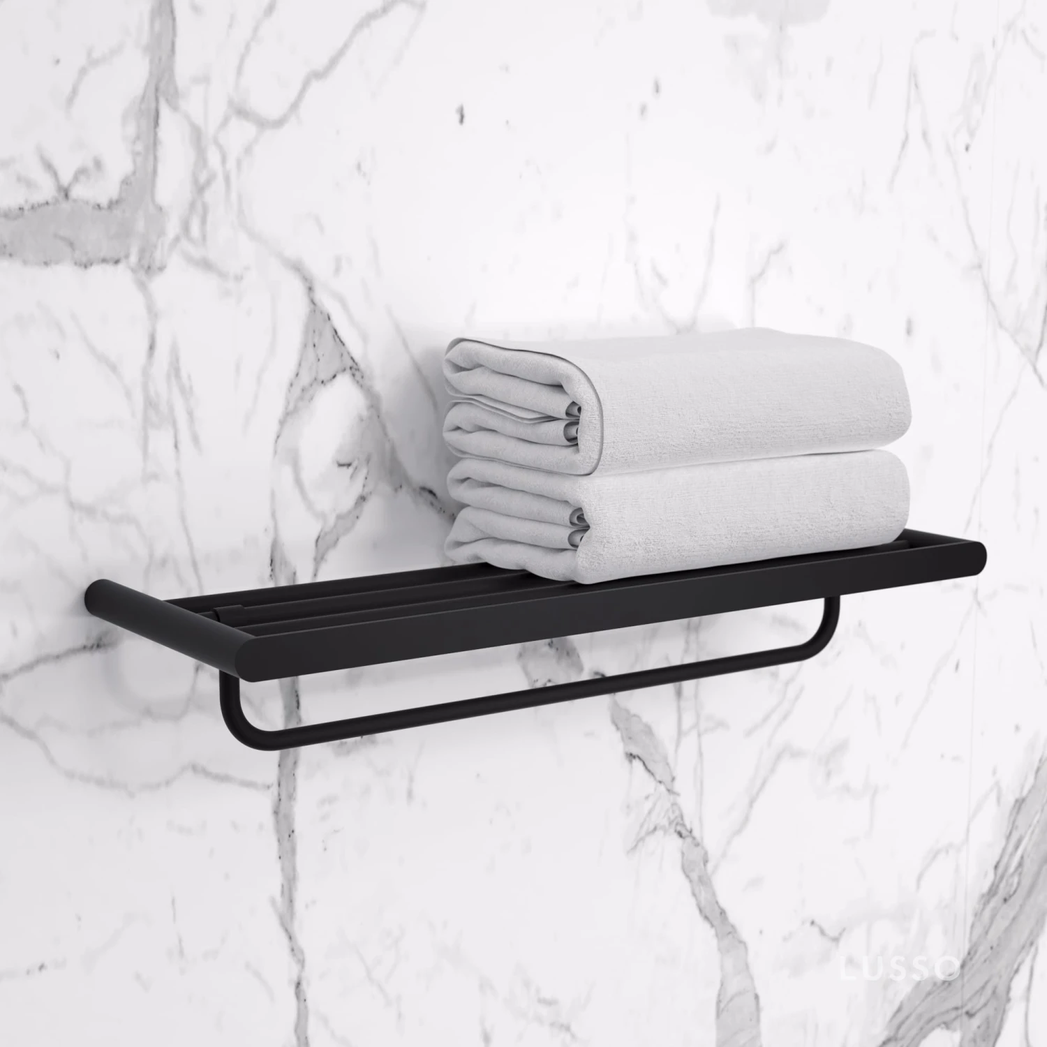 Luxe Matte Black Towel Shelf With Rail 600mm 2 Luxe Matte Black Towel Shelf With Rail 600mm - Image 2