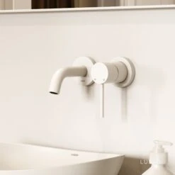 Luxe Matte White Short Projection Wall Mounted Basin Mixer Tap