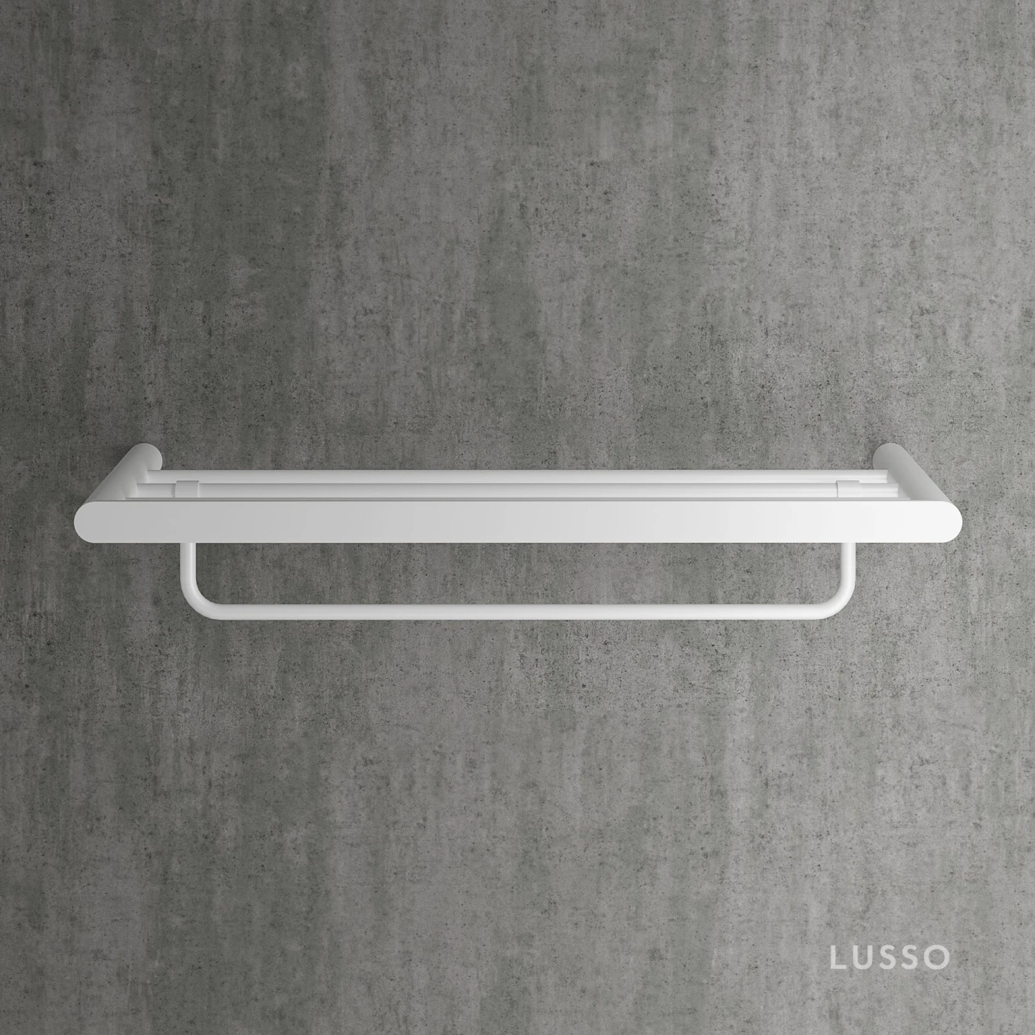 Luxe Silk Matte White Towel Shelf With Rail 600mm 1 Luxe Silk Matte White Towel Shelf With Rail 600mm