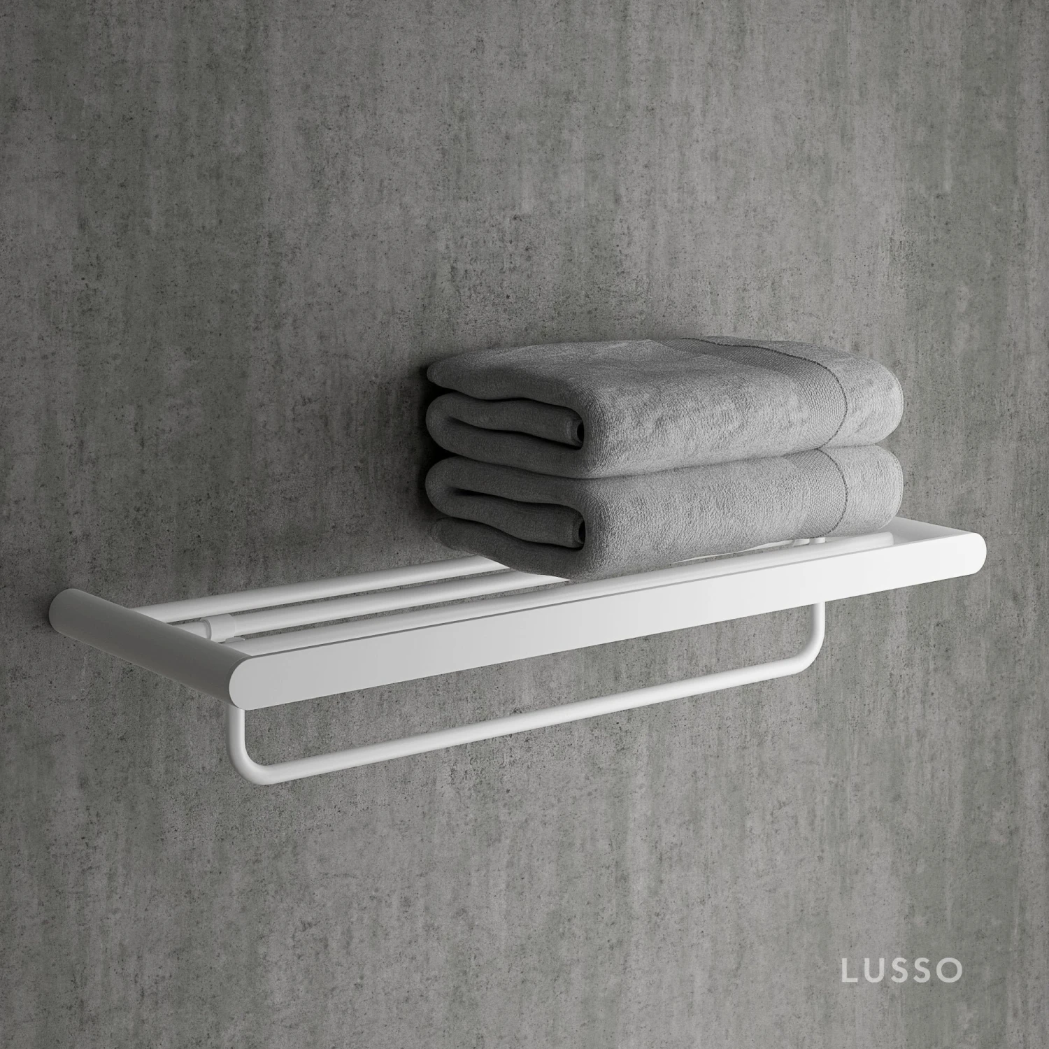 Luxe Silk Matte White Towel Shelf With Rail 600mm 2 Luxe Silk Matte White Towel Shelf With Rail 600mm - Image 2