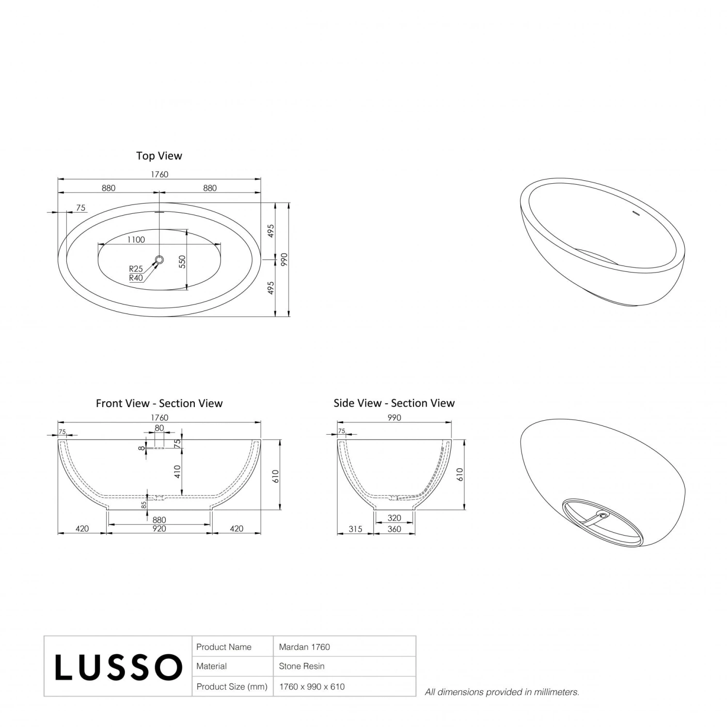 Mardan Freestanding Stone Bath 1760mm 5 Mardan Freestanding Stone Bath 1760mm - Image 5