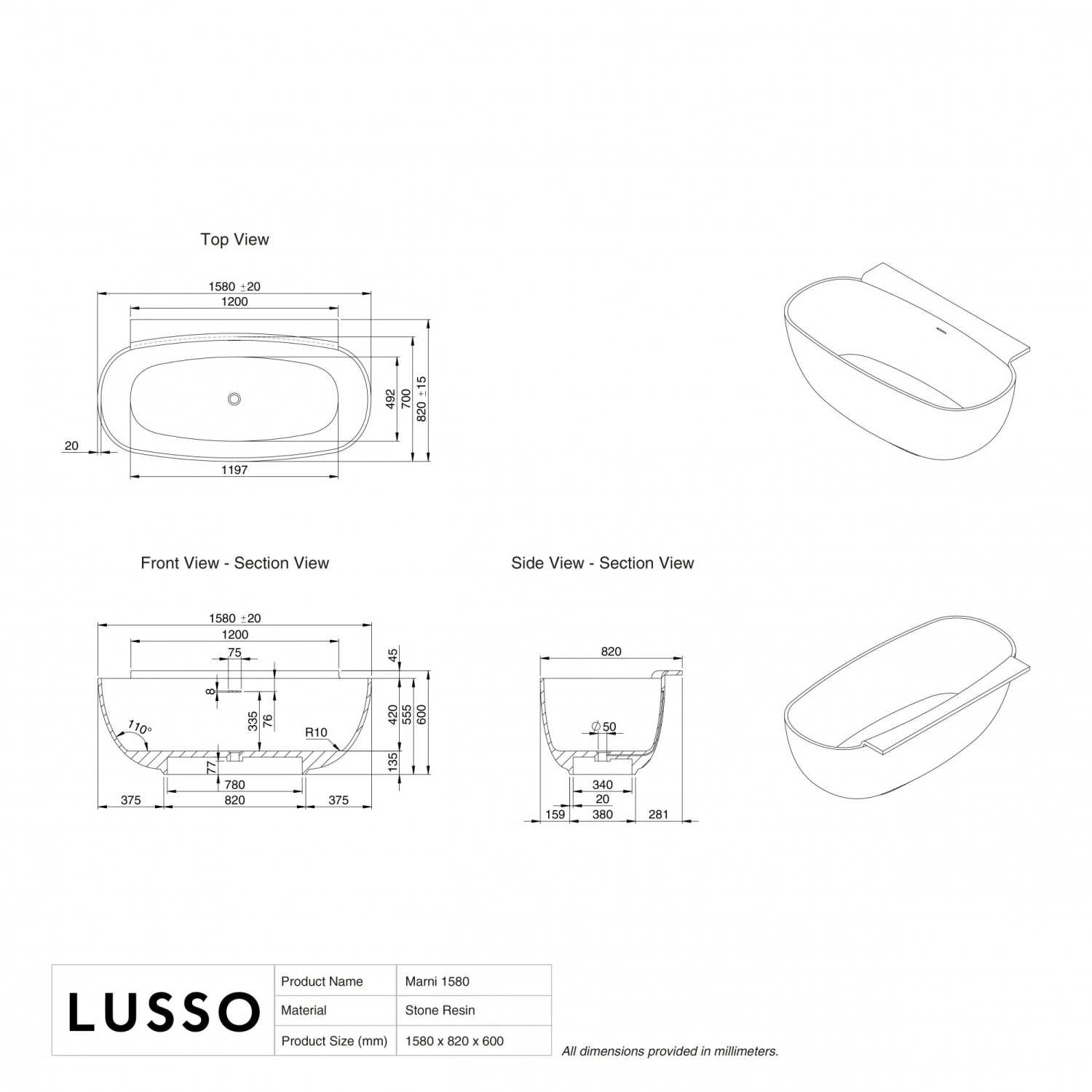 Marni Freestanding Stone Bath 1580mm 5 Marni Freestanding Stone Bath 1580mm - Image 5