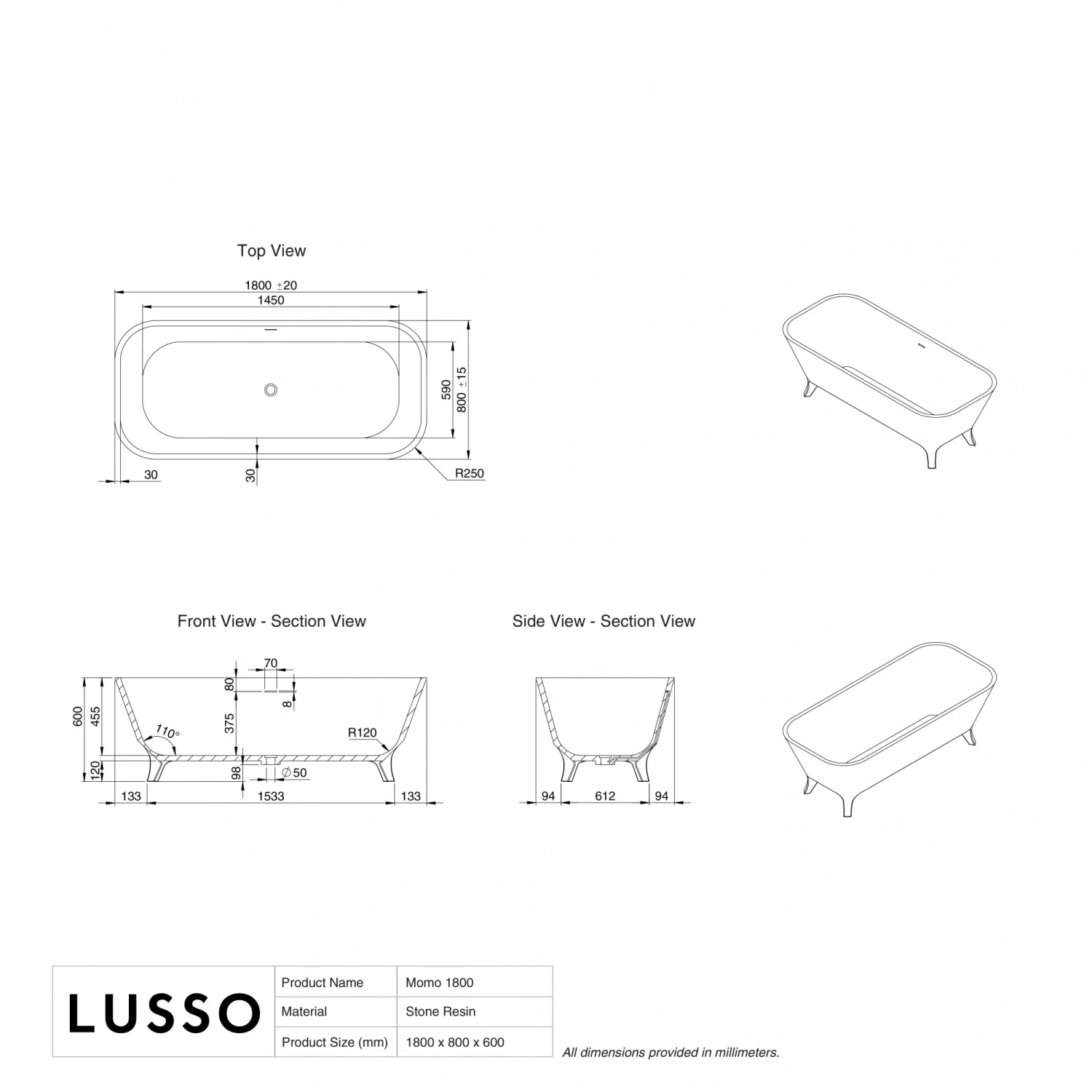 Momo Freestanding Stone Bath 1800mm 5 Momo Freestanding Stone Bath 1800mm - Image 5