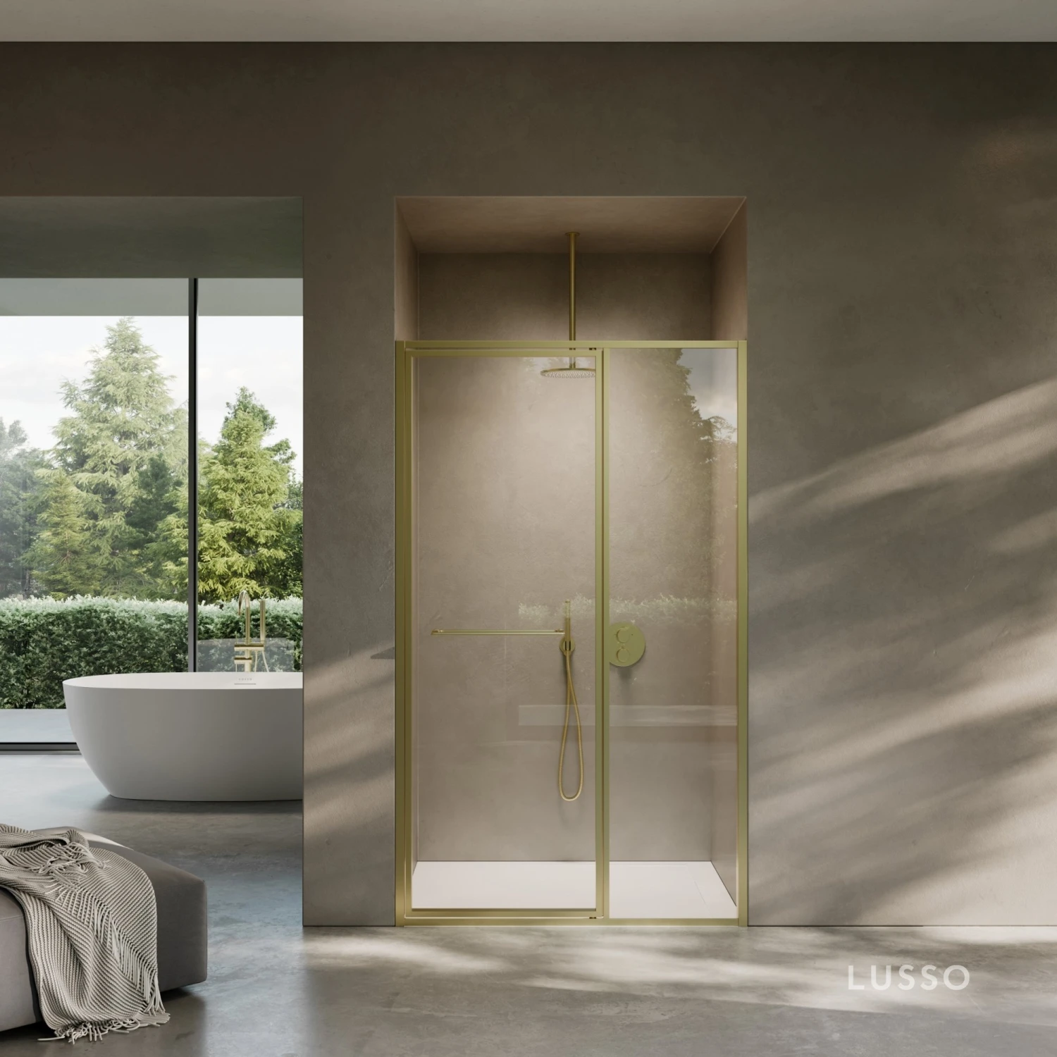 Nouveau Brushed Gold Hinged Shower Door & Screen (All Sizes) 1 Nouveau Brushed Gold Hinged Shower Door & Screen (All Sizes)