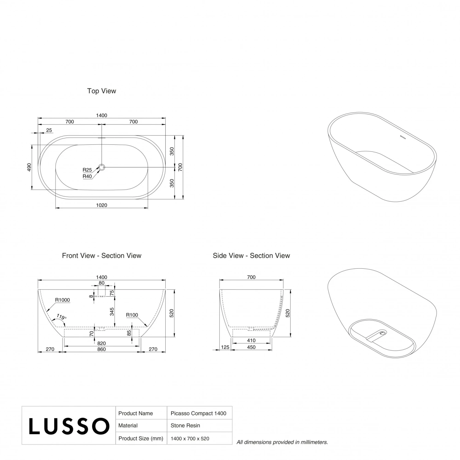 Picasso Compact Freestanding Stone Bath 1400mm 5 Picasso Compact Freestanding Stone Bath 1400mm - Image 5