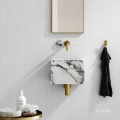 Porto Short Projection Wall Mounted Basin Tap (Brushed Gold & Arabescato Marble)