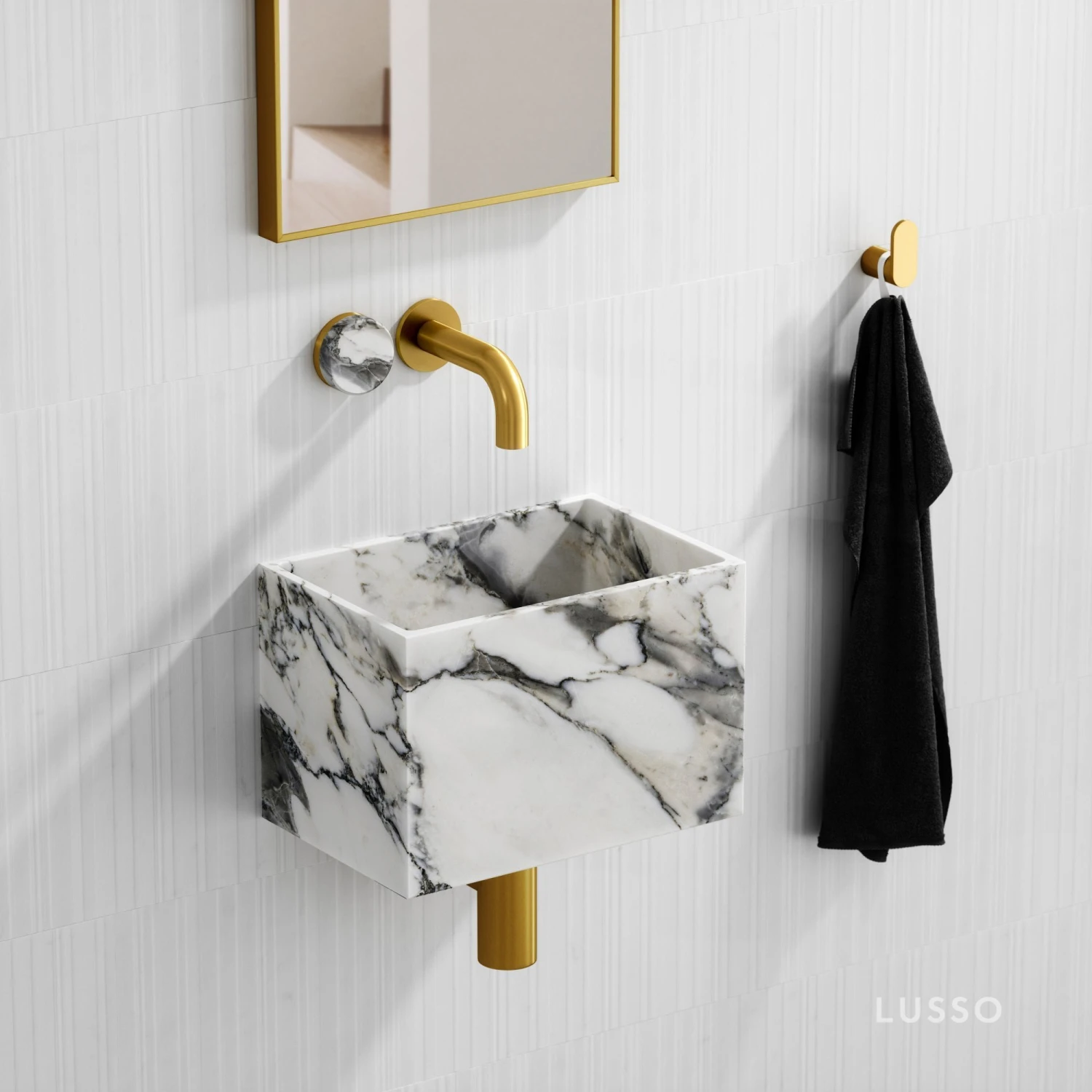 Porto Short Projection Wall Mounted Basin Tap (Brushed Gold & Arabescato Marble) 2 Porto Short Projection Wall Mounted Basin Tap (Brushed Gold & Arabescato Marble) - Image 2