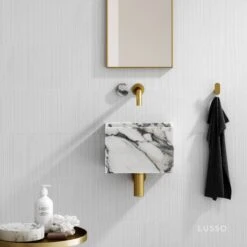Porto Wall Mounted Basin Mixer Tap (Brushed Gold & Arabescato Marble)