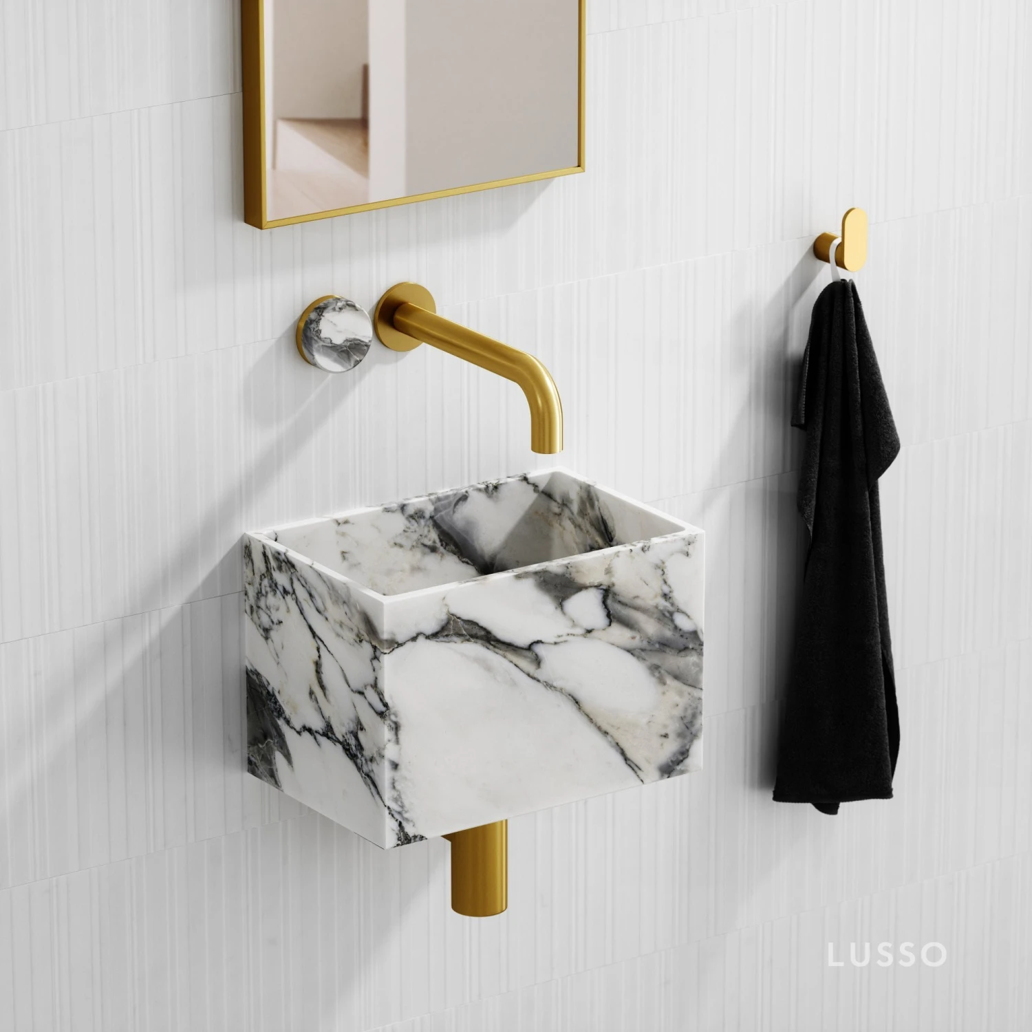 Porto Wall Mounted Basin Mixer Tap (Brushed Gold & Arabescato Marble) 2 Porto Wall Mounted Basin Mixer Tap (Brushed Gold & Arabescato Marble) - Image 2