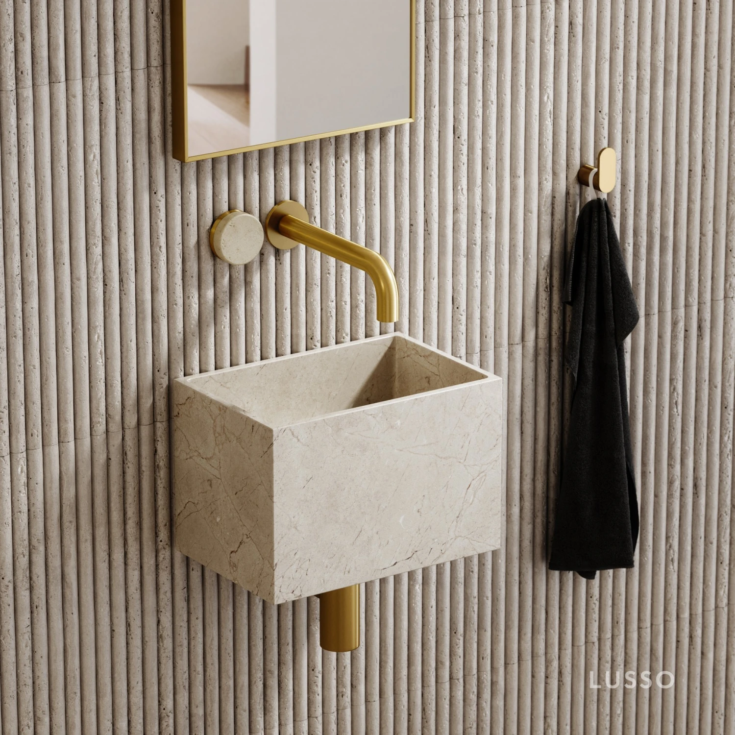 Porto Wall Mounted Basin Mixer Tap (Brushed Gold & Crema Marfil Marble) 2 Porto Wall Mounted Basin Mixer Tap (Brushed Gold & Crema Marfil Marble) - Image 2