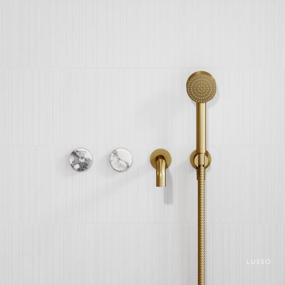 Porto Wall Mounted Bath Filler (Brushed Gold & Arabescato Marble) 1 Porto Wall Mounted Bath Filler (Brushed Gold & Arabescato Marble)