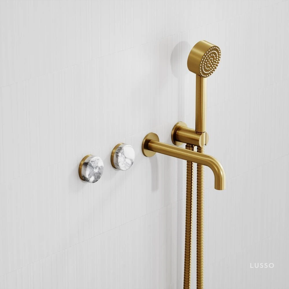 Porto Wall Mounted Bath Filler (Brushed Gold & Arabescato Marble) 2 Porto Wall Mounted Bath Filler (Brushed Gold & Arabescato Marble) - Image 2