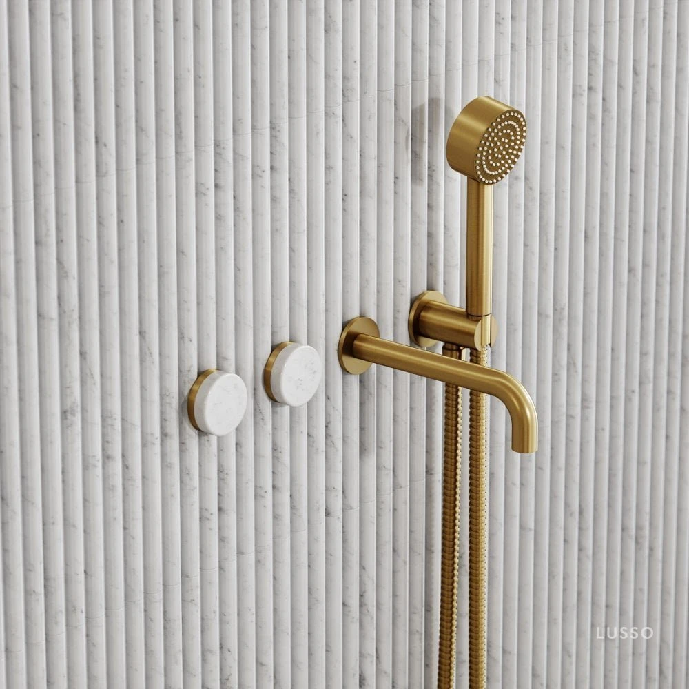 Porto Wall Mounted Bath Filler (Brushed Gold & Carrara Marble) 2 Porto Wall Mounted Bath Filler (Brushed Gold & Carrara Marble) - Image 2