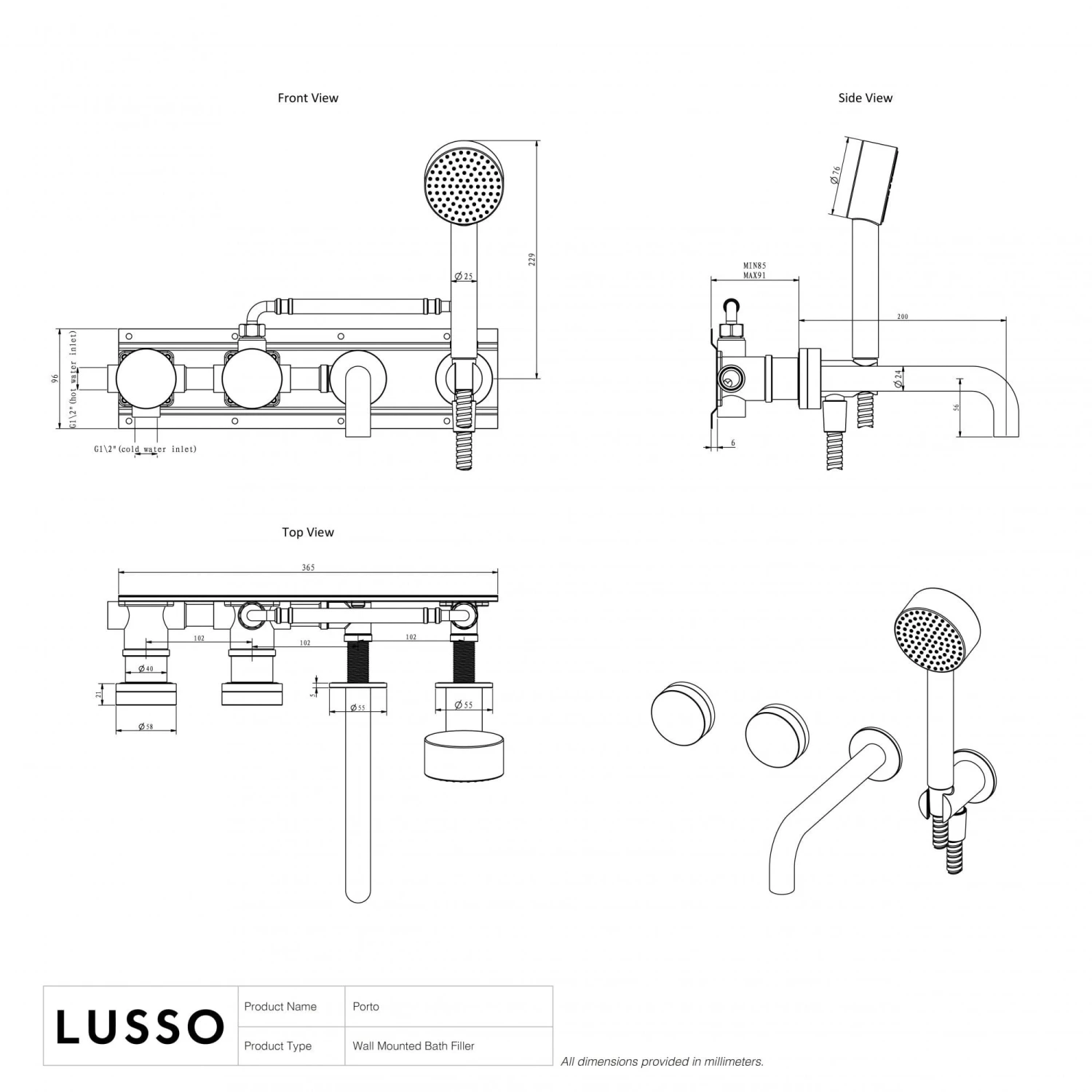 Porto Wall Mounted Bath Filler (Brushed Gold & Carrara Marble) 4 Porto Wall Mounted Bath Filler (Brushed Gold & Carrara Marble) - Image 4