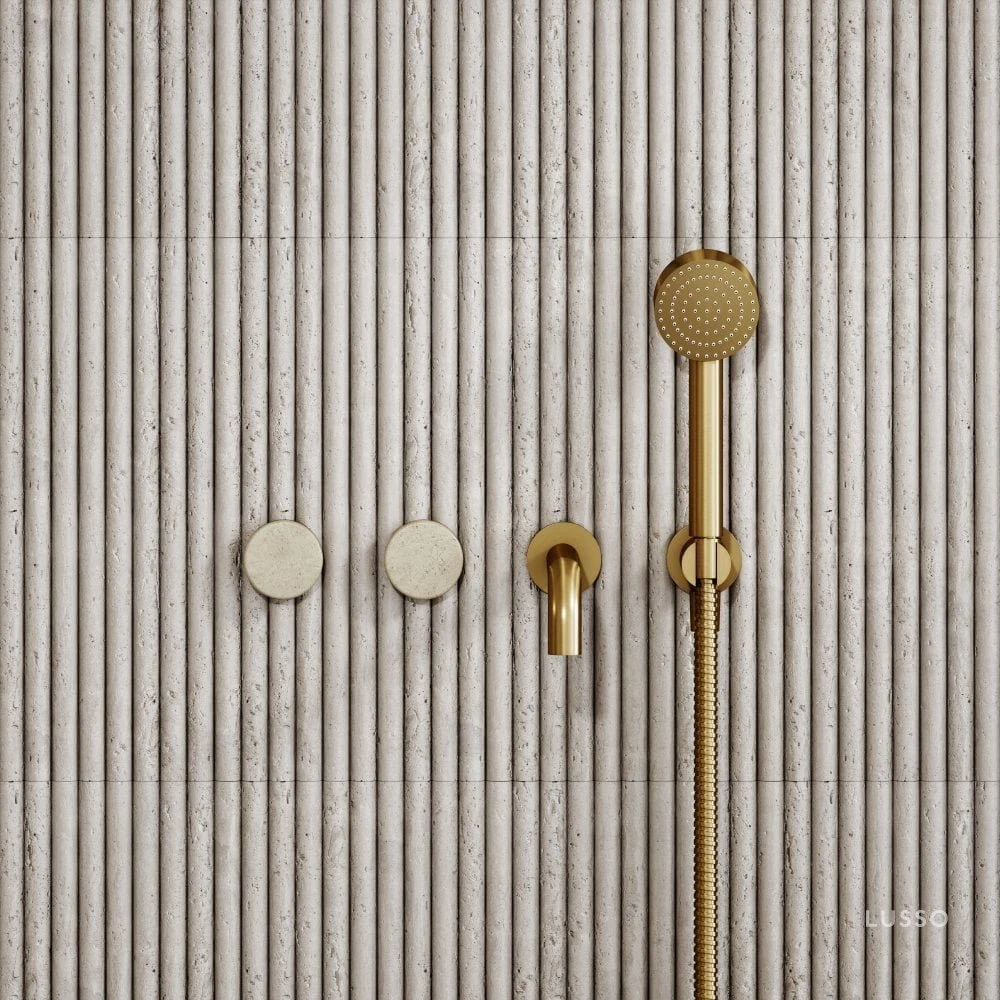 Porto Wall Mounted Bath Filler (Brushed Gold & Crema Marfil Marble) 1 Porto Wall Mounted Bath Filler (Brushed Gold & Crema Marfil Marble)