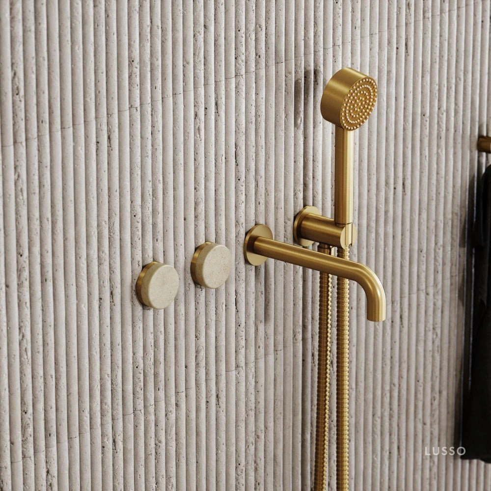 Porto Wall Mounted Bath Filler (Brushed Gold & Crema Marfil Marble) 2 Porto Wall Mounted Bath Filler (Brushed Gold & Crema Marfil Marble) - Image 2