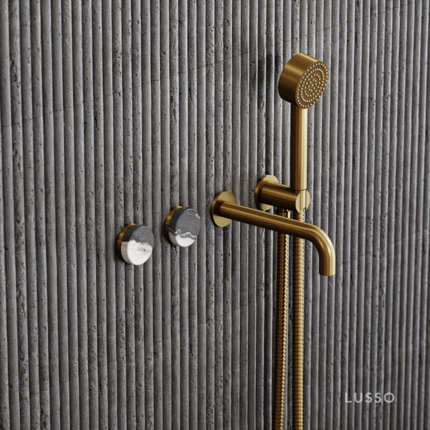 Porto Wall Mounted Bath Filler (Brushed Gold & Panda Marble) 2 Porto Wall Mounted Bath Filler (Brushed Gold & Panda Marble) - Image 2