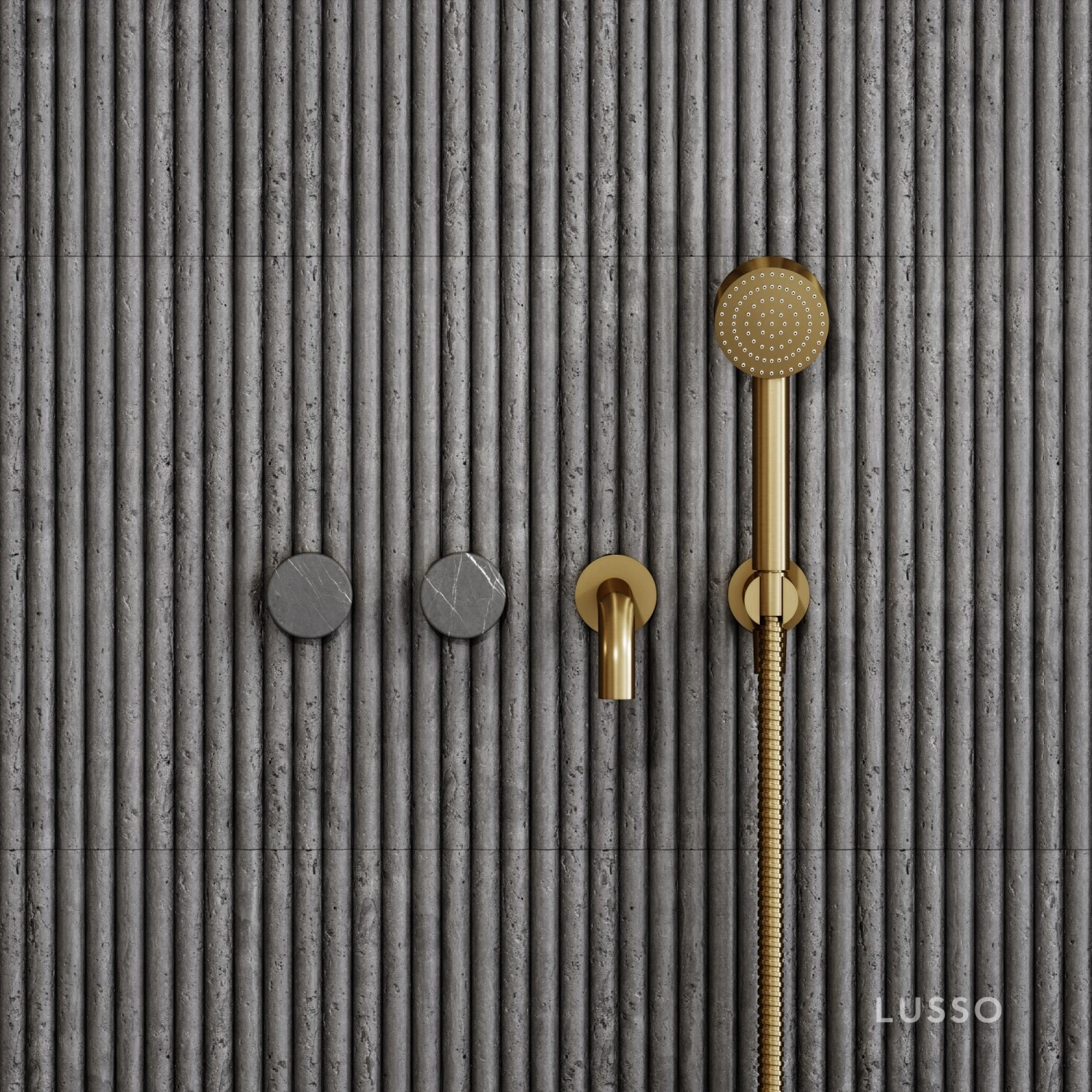 Porto Wall Mounted Bath Filler (Brushed Gold & Pietra Grey Marble) 1 Porto Wall Mounted Bath Filler (Brushed Gold & Pietra Grey Marble)