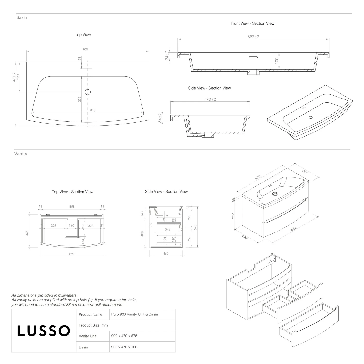 Puro Vanity Unit With Stone Basin (Gloss White 900mm) 4 Puro Vanity Unit With Stone Basin (Gloss White 900mm) - Image 4