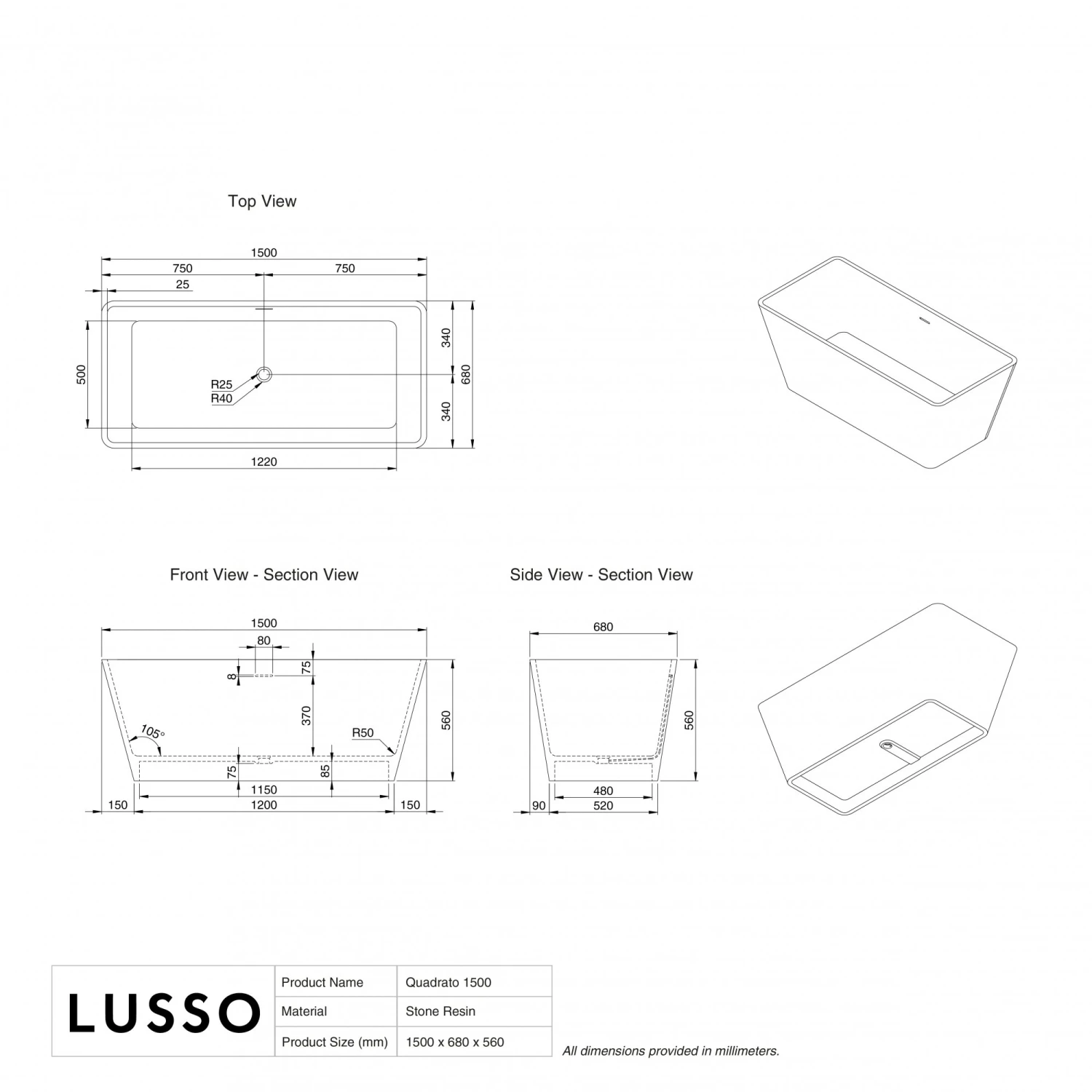 Quadrato Freestanding Stone Bath 1500mm 5 Quadrato Freestanding Stone Bath 1500mm - Image 5